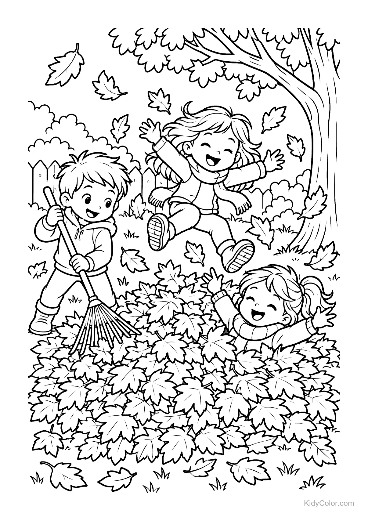 Children jumping and playing in a pile of autumn leaves.
