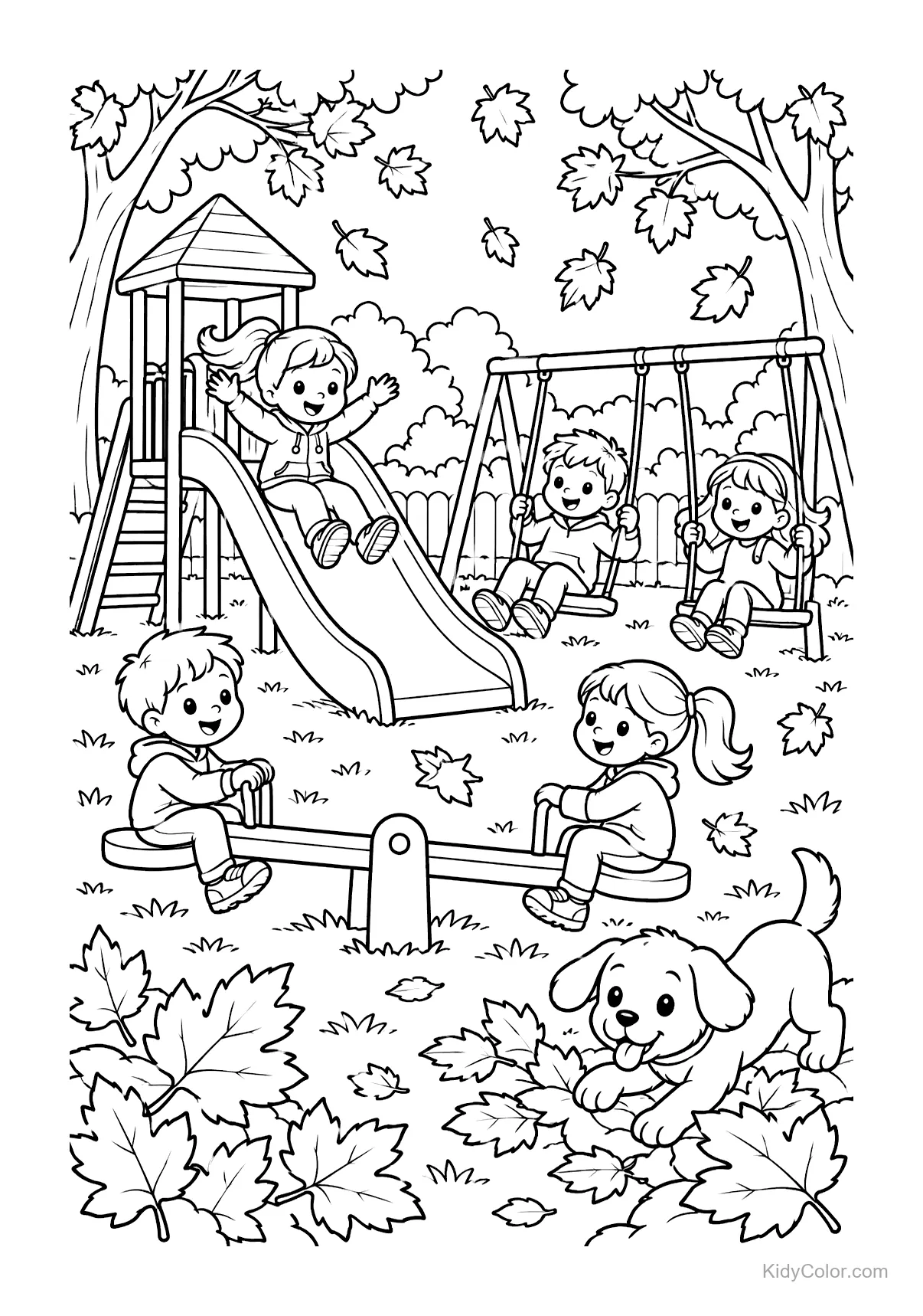 Niños jugando en columpios, tobogán y subibaja con hojas de otoño y un cachorro.