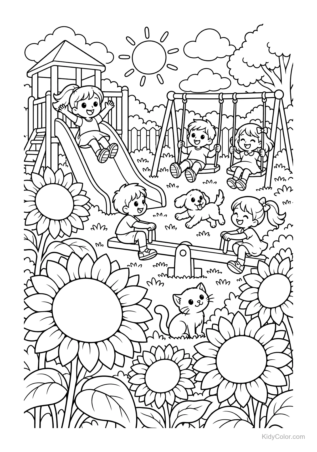 Bambini giocano su altalene e scivoli tra girasoli.