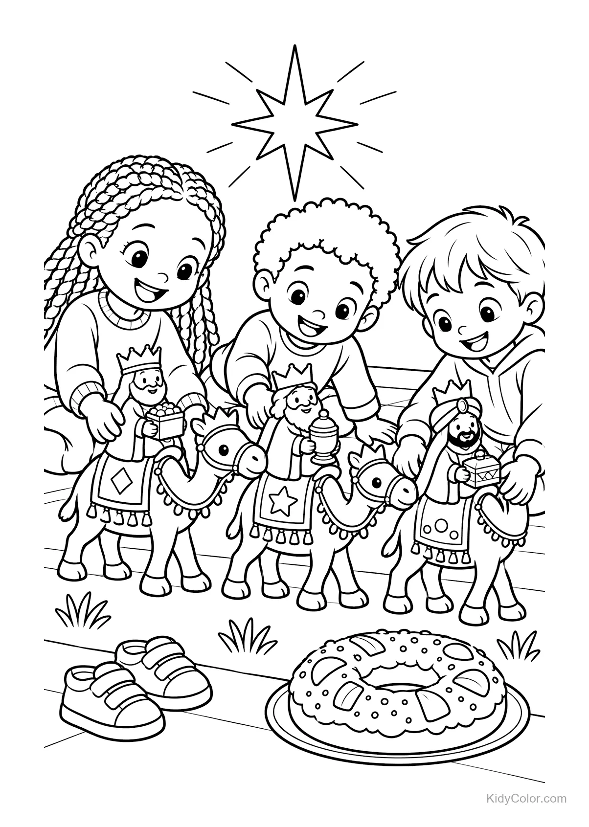 Bambini giocano con cammelli e figure dei Re Magi.