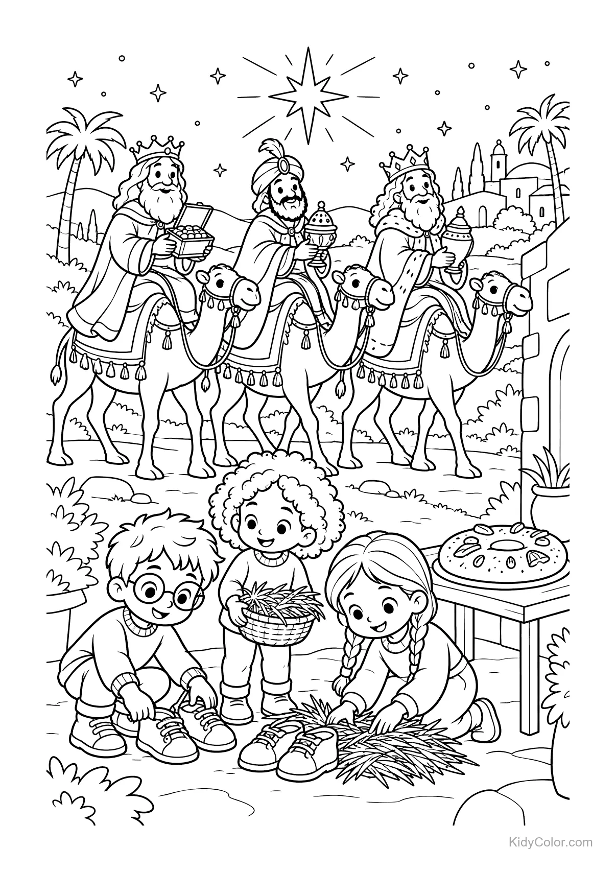 Children placing grass in shoes for the Three Kings, with camels and wise men in the background.