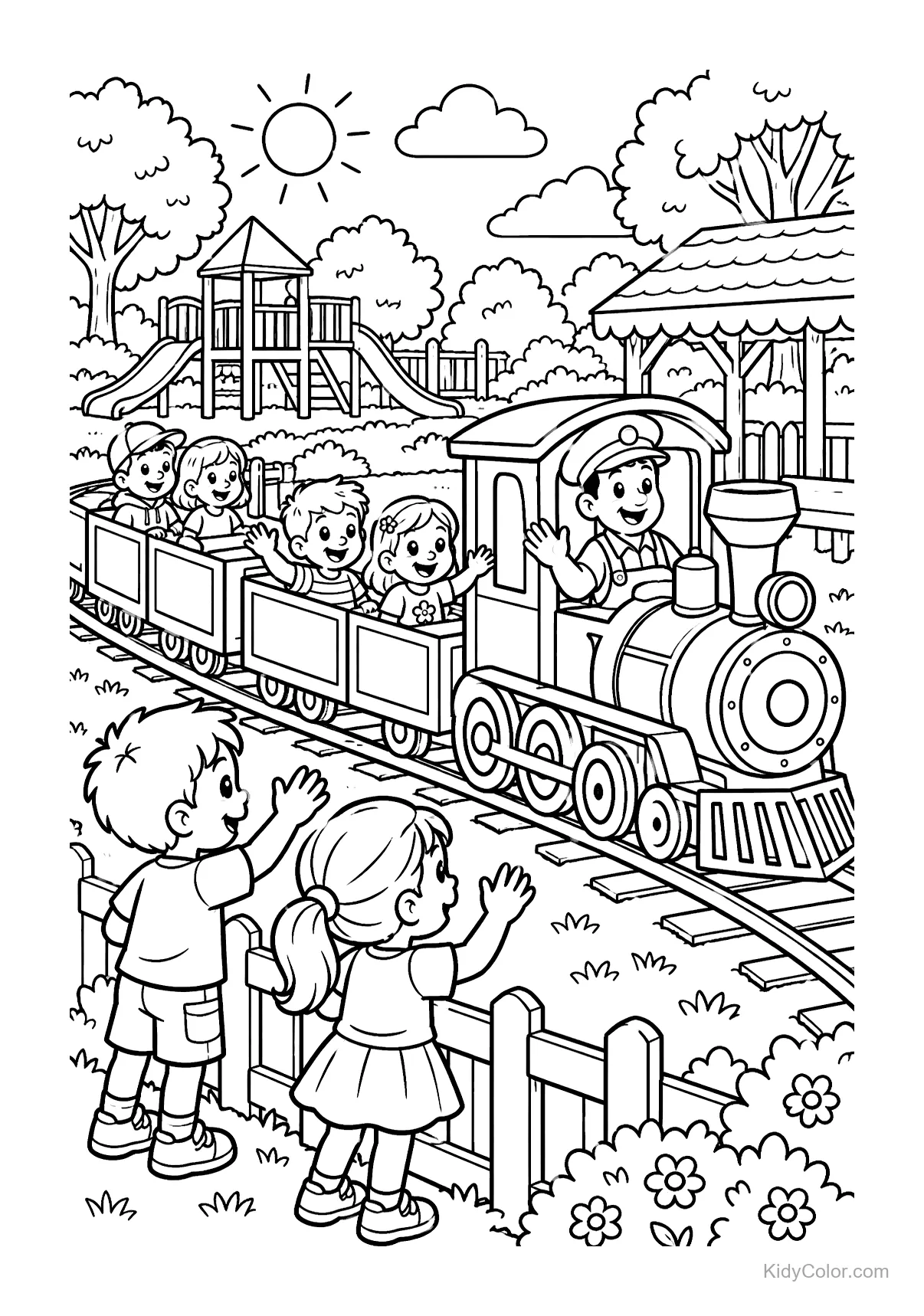 Children ride a train in a park with a conductor waving.