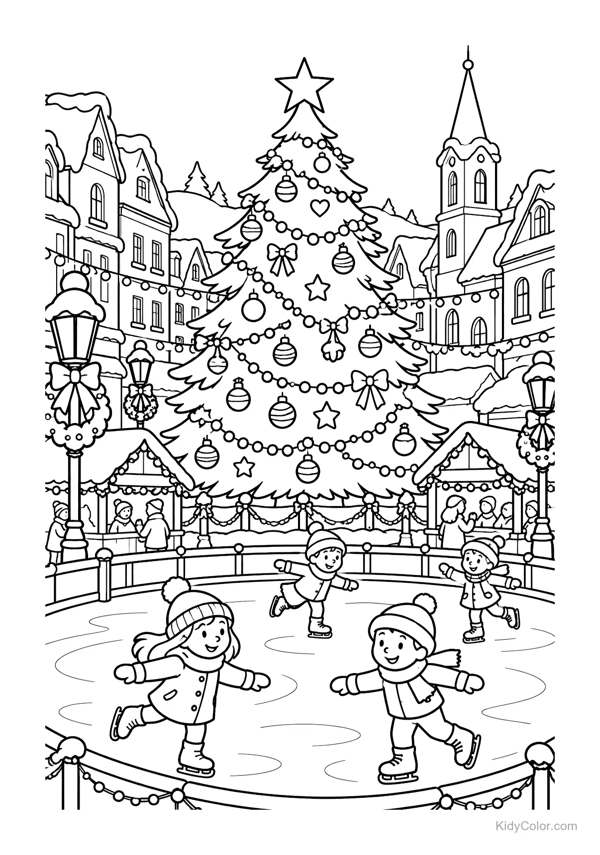 Niños patinando sobre hielo alrededor de un árbol de Navidad en un pueblo festivo.