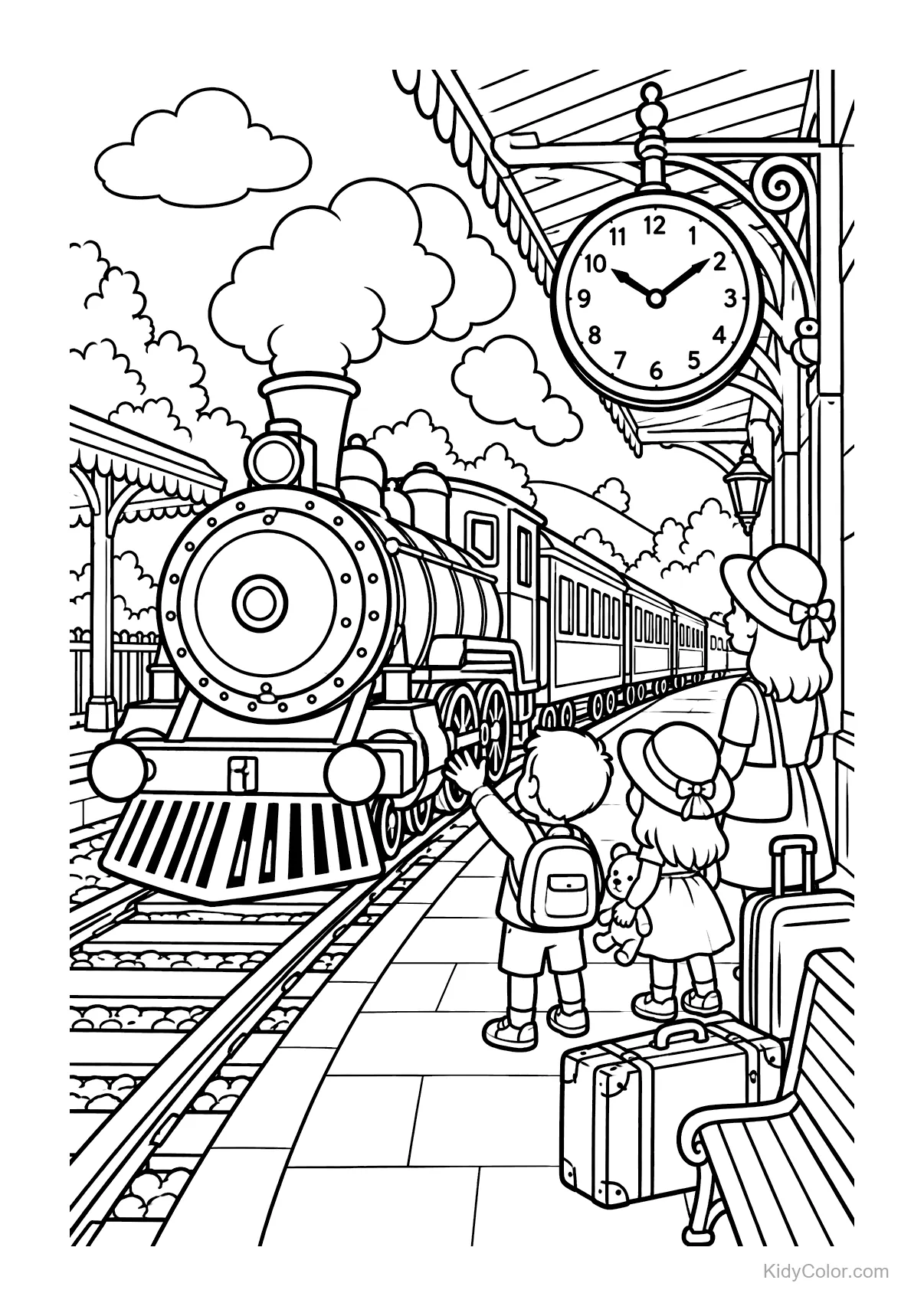 Children waving at a steam train at the station with a clock showing 10:10.