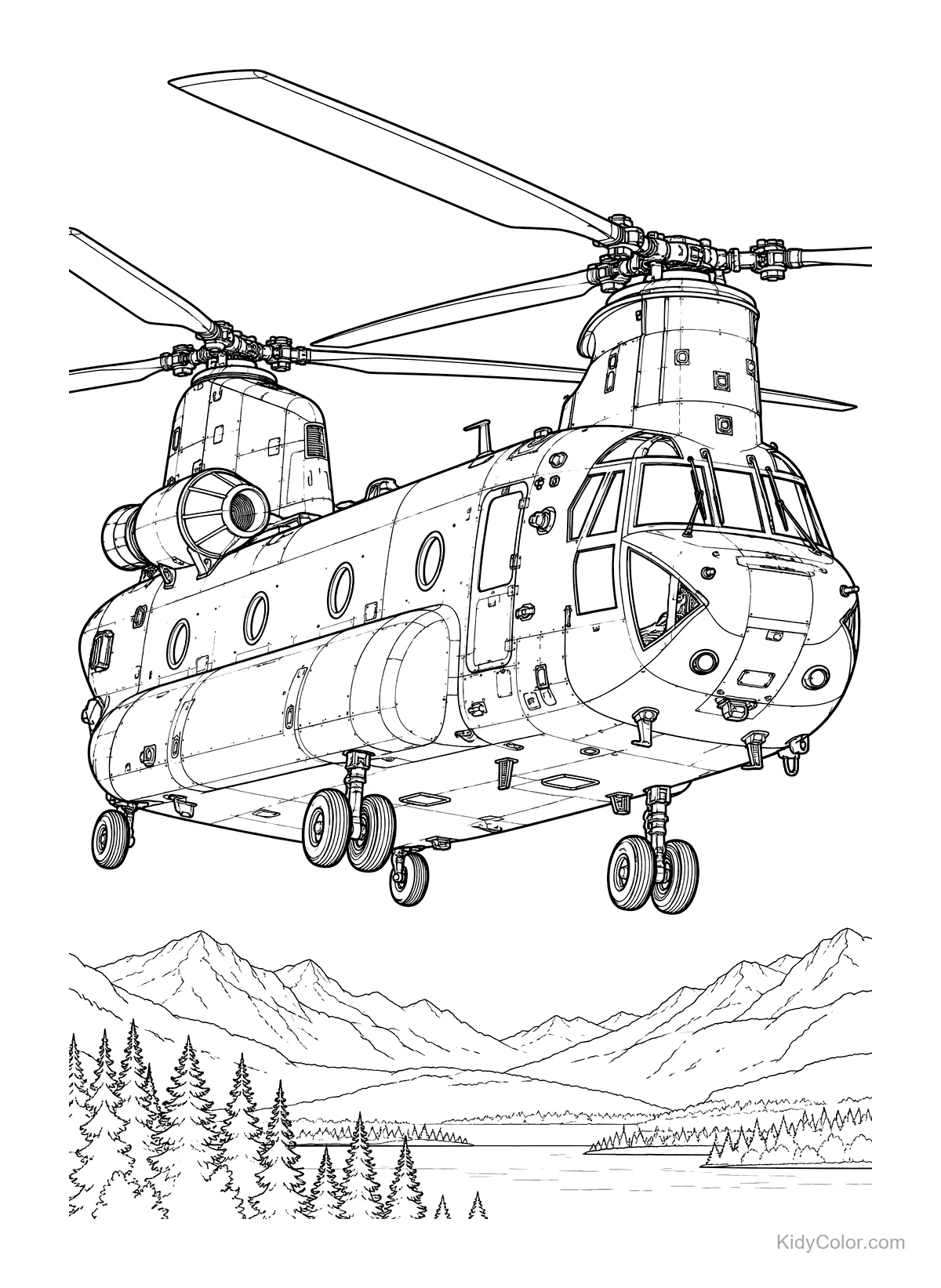 Chinook helicopter with twin rotors flying over mountains.