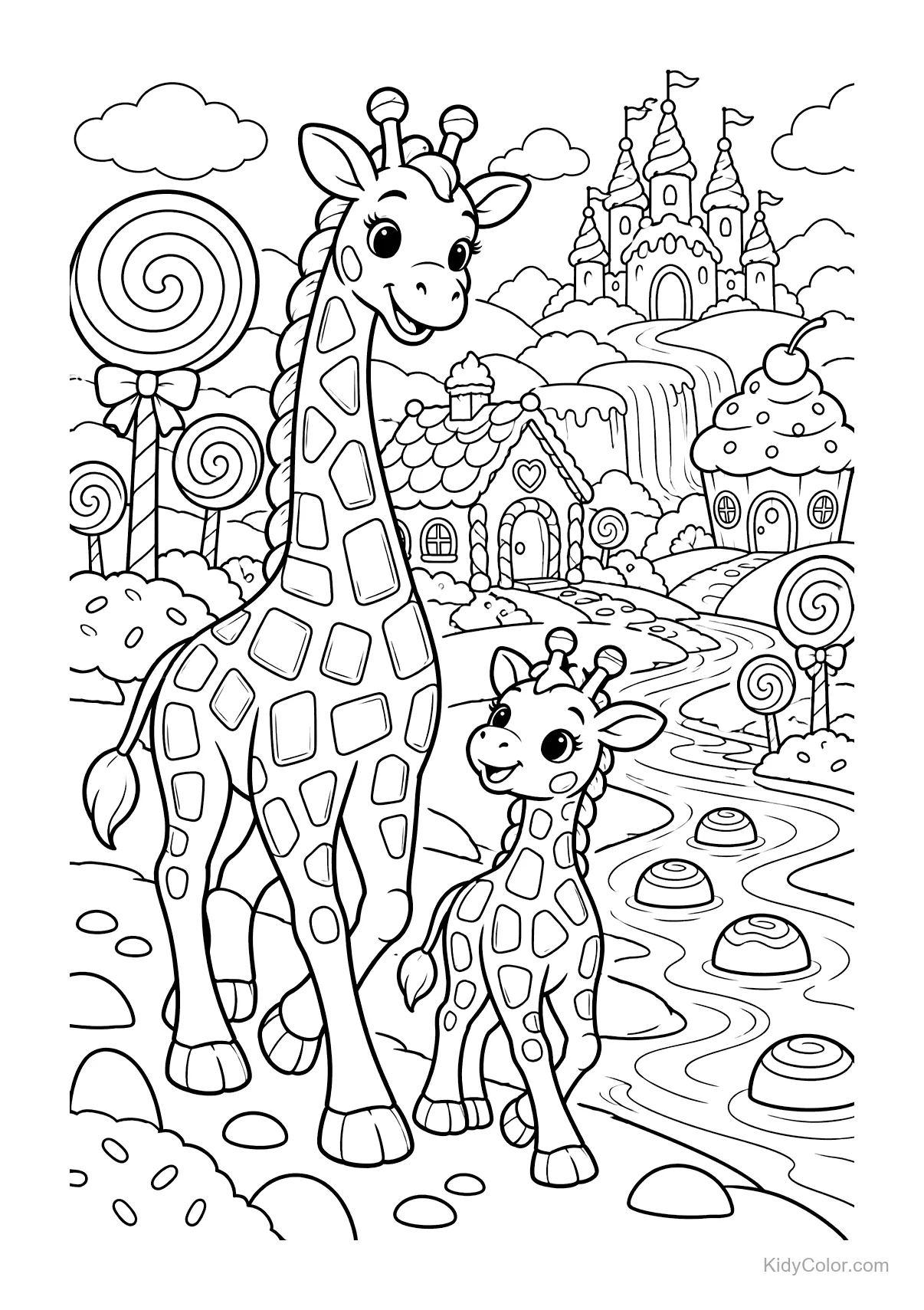 Due giraffe di cioccolato a Candy Land con alberi di lecca-lecca.