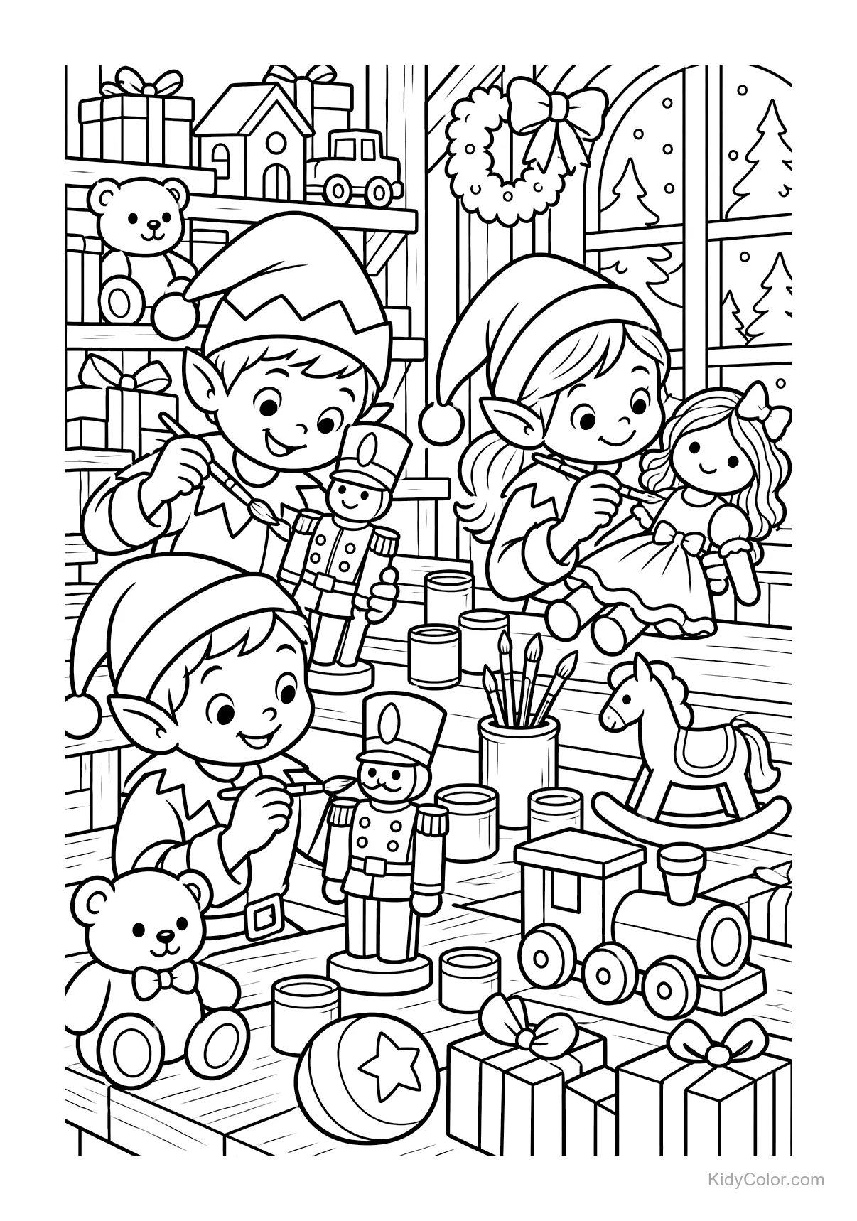 Elves in a workshop surrounded by toys and gifts, painting and assembling.
