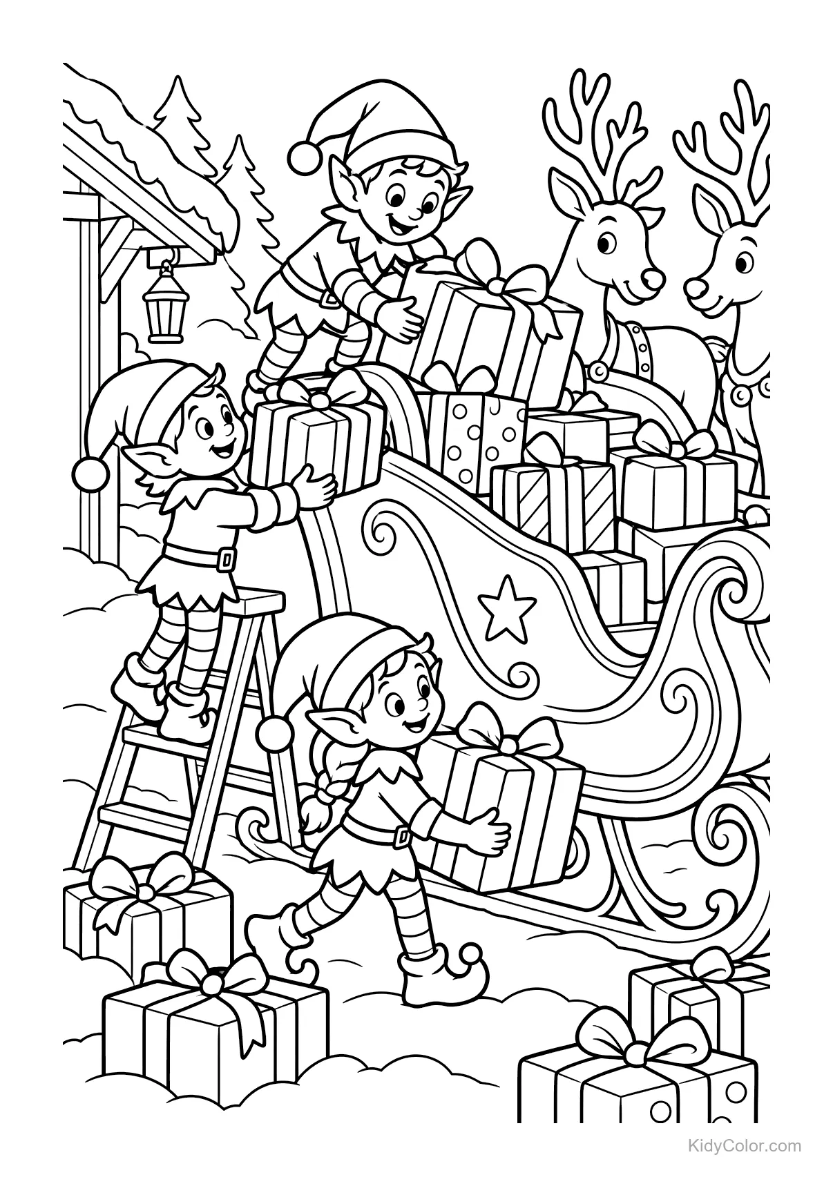 Elves loading Santa's sleigh with gifts while reindeer watch.