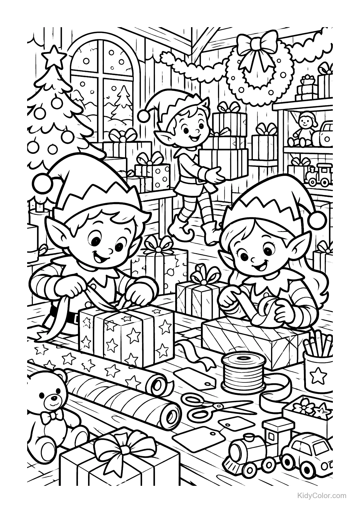 Elves in a workshop wrapping gifts with toys and decorations around.