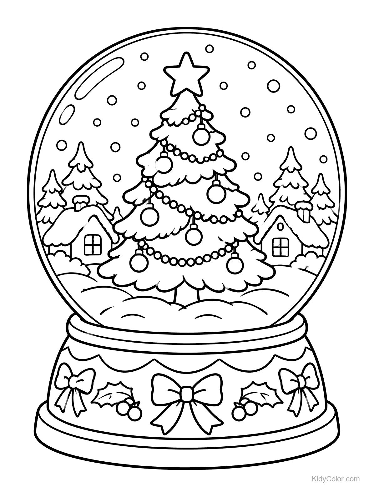 Weihnachtsbaum in einer Schneekugel mit Häusern und Schneeflocken.