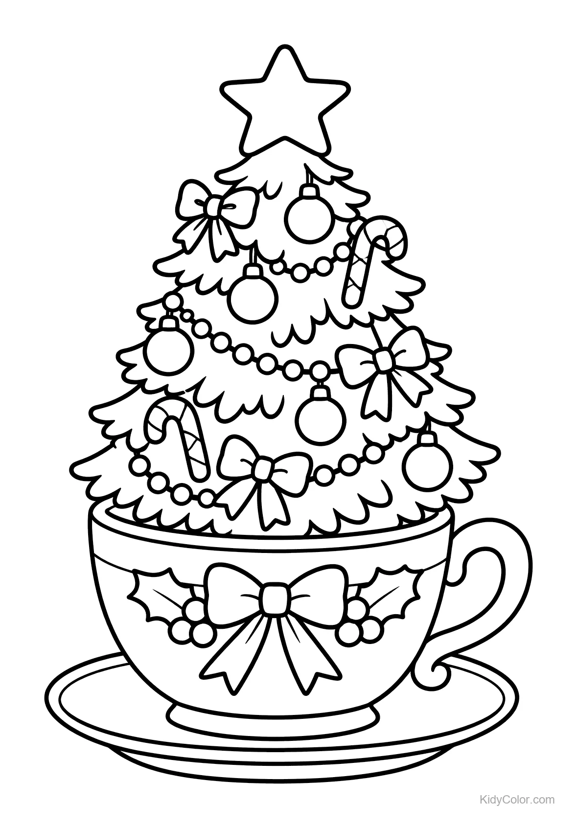 Árbol de Navidad con adornos y lazos en una taza.
