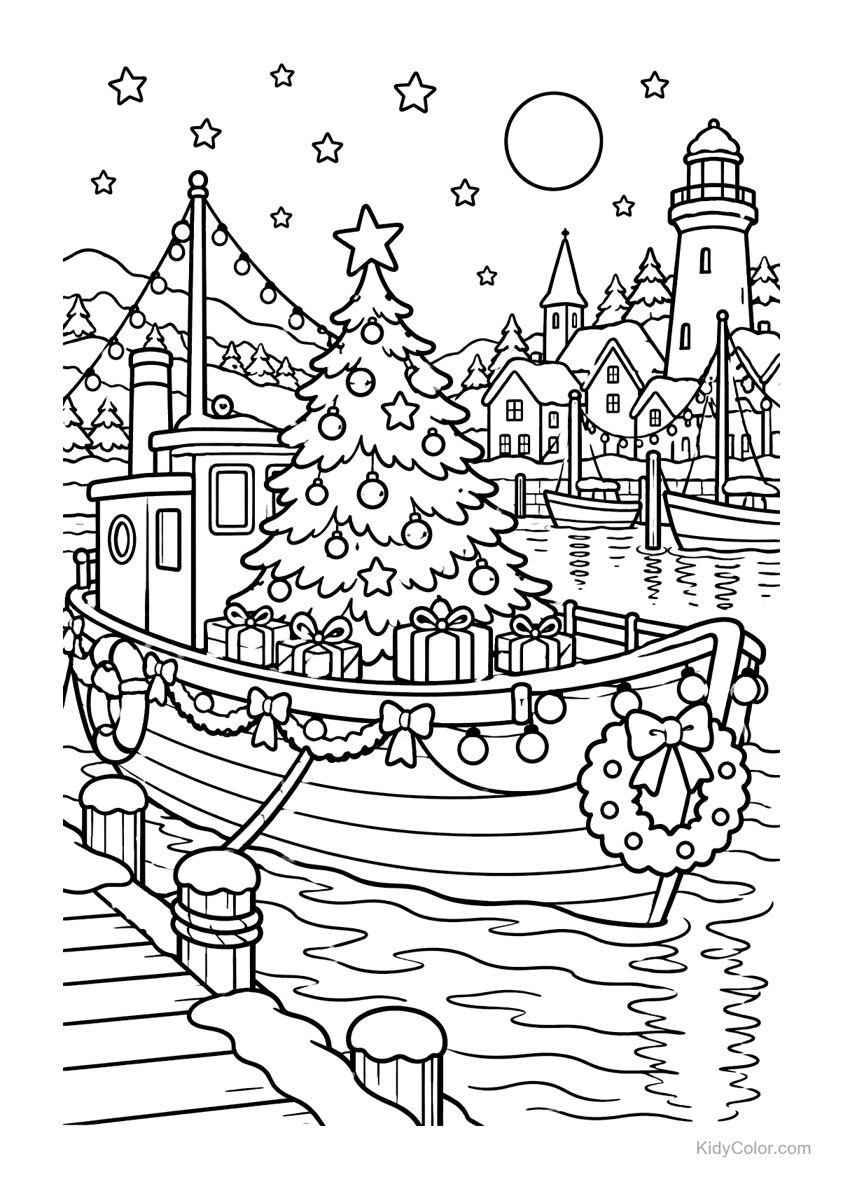 Barco decorado com árvore de Natal e presentes em porto nevado.