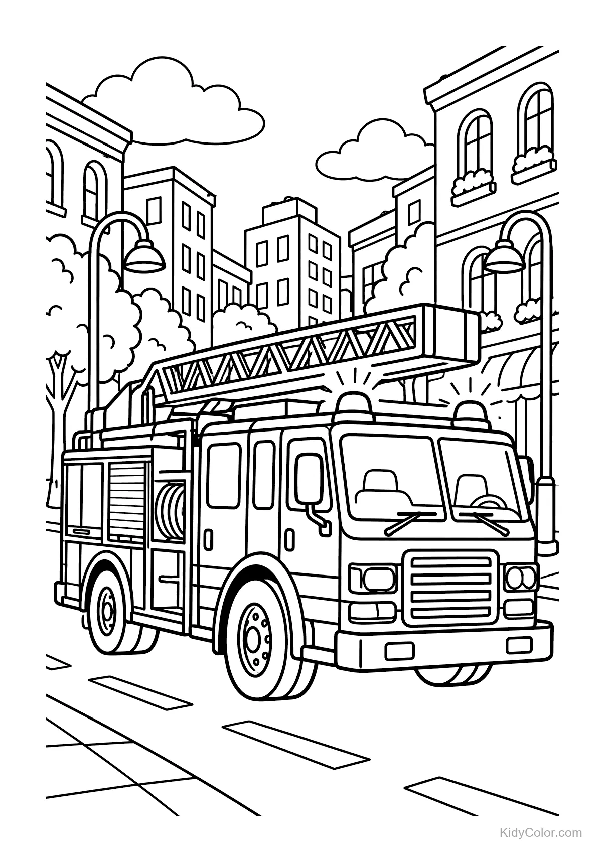 Fire truck with ladder in a city street scene.