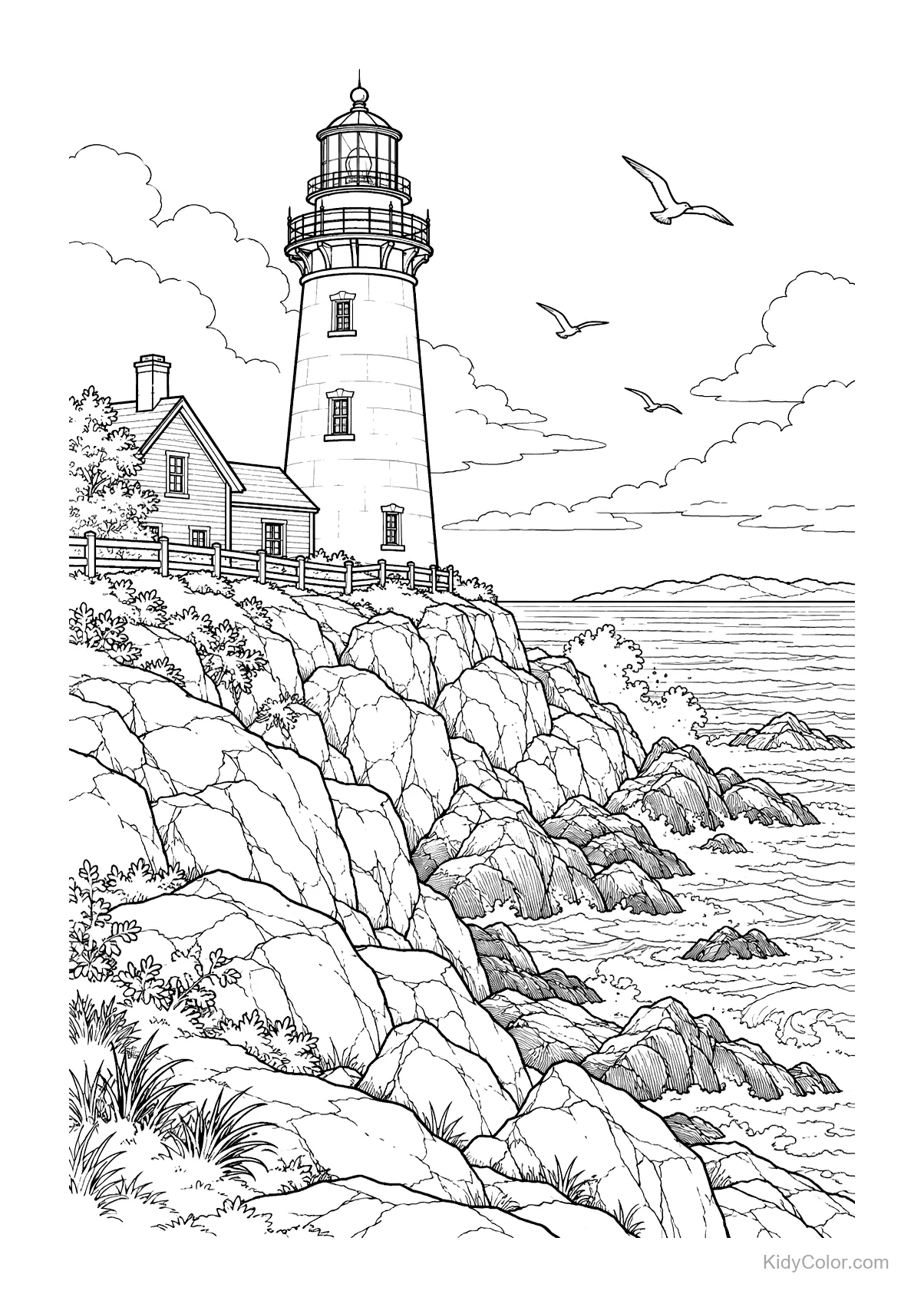 A lighthouse on rocky cliffs with seagulls flying above the ocean.