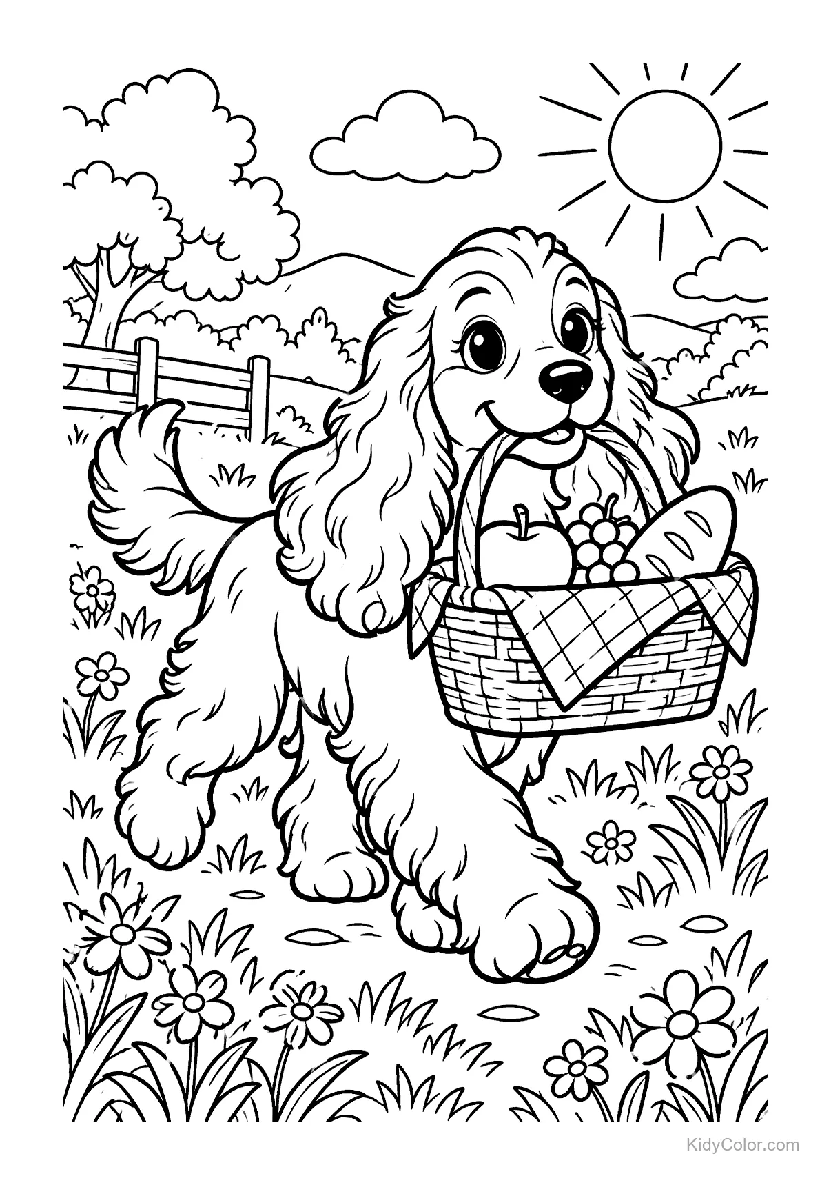 Cocker Spaniel carrying a picnic basket in a sunny field.