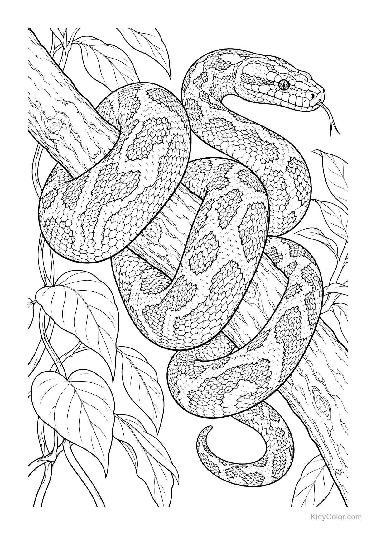 Python coiled around a tree branch with jungle leaves.