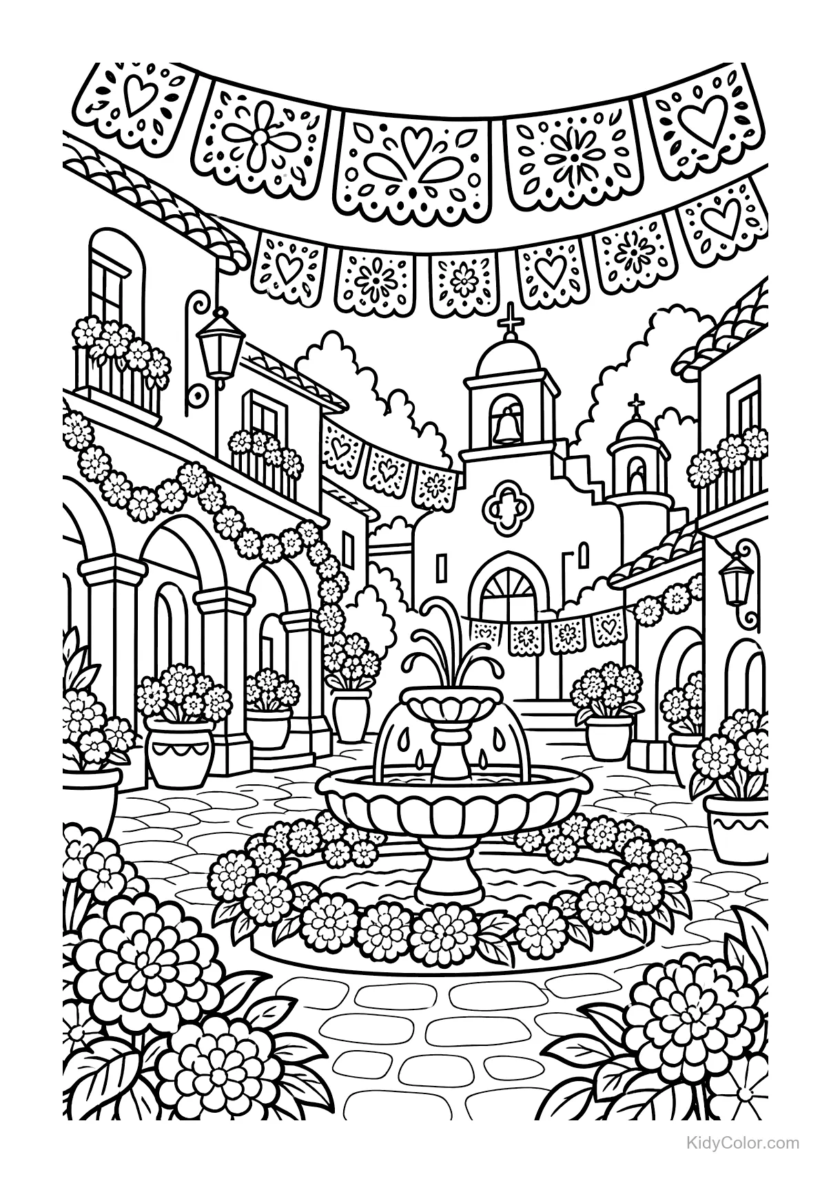Festive colonial plaza with fountain and Day of the Dead banners.