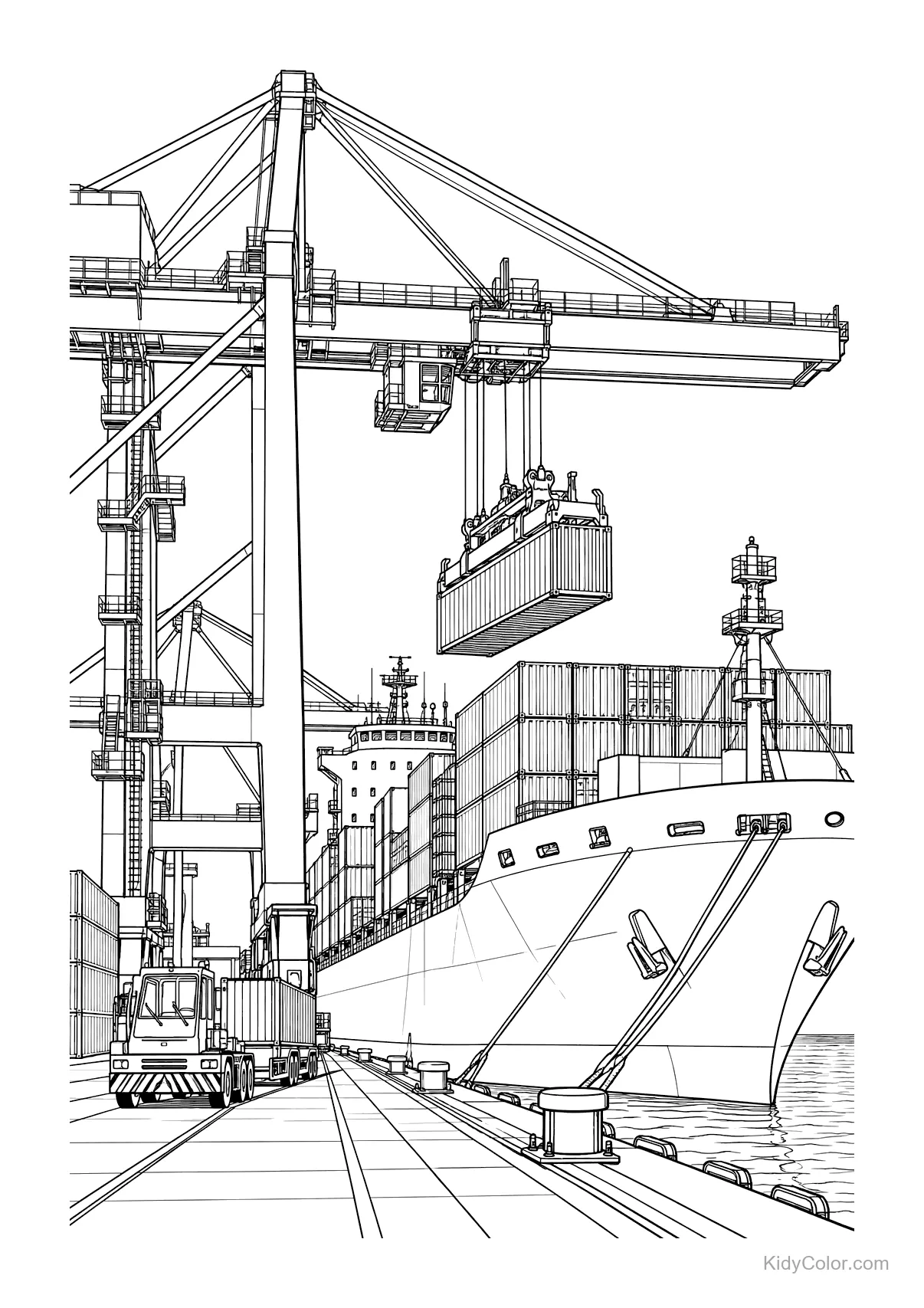 A container ship at a port with cranes lifting containers.