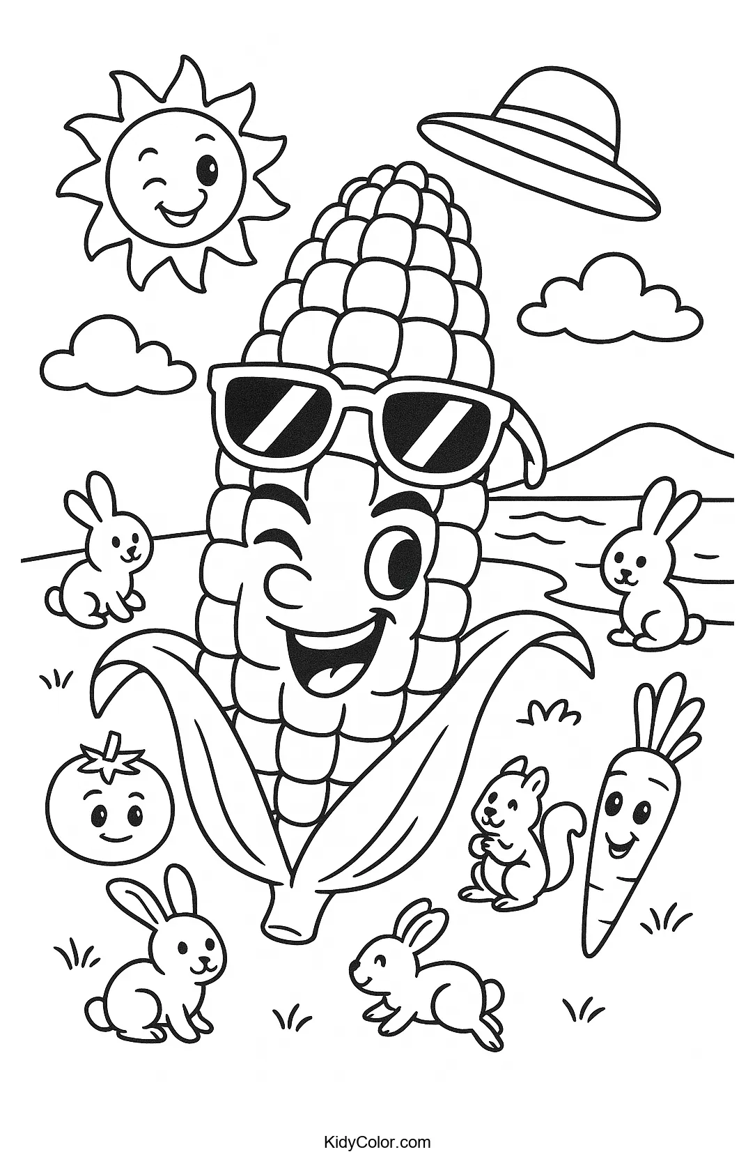 Cartoon of a smiling sun with friendly vegetables