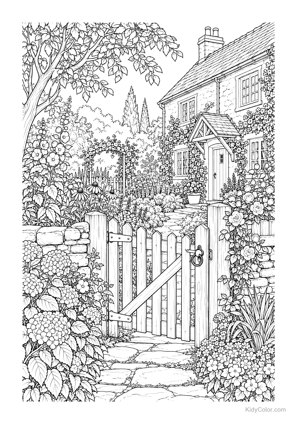 Portão de jardim levando a um caminho de pedras com casa e flores.
