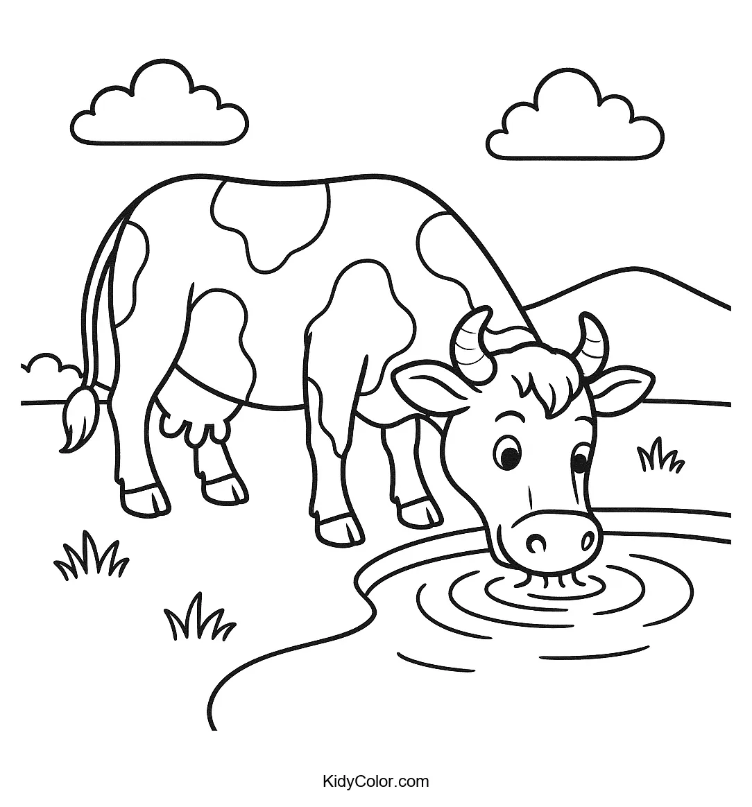 Cow standing by a pond coloring page