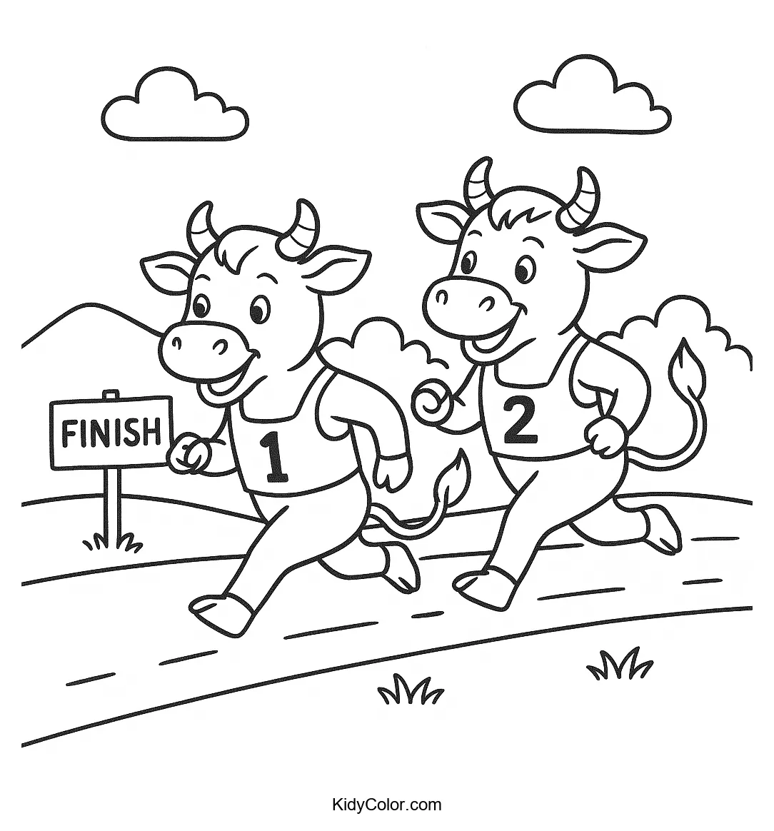 Cows racing to the finish line in a fun and adventurous scene.