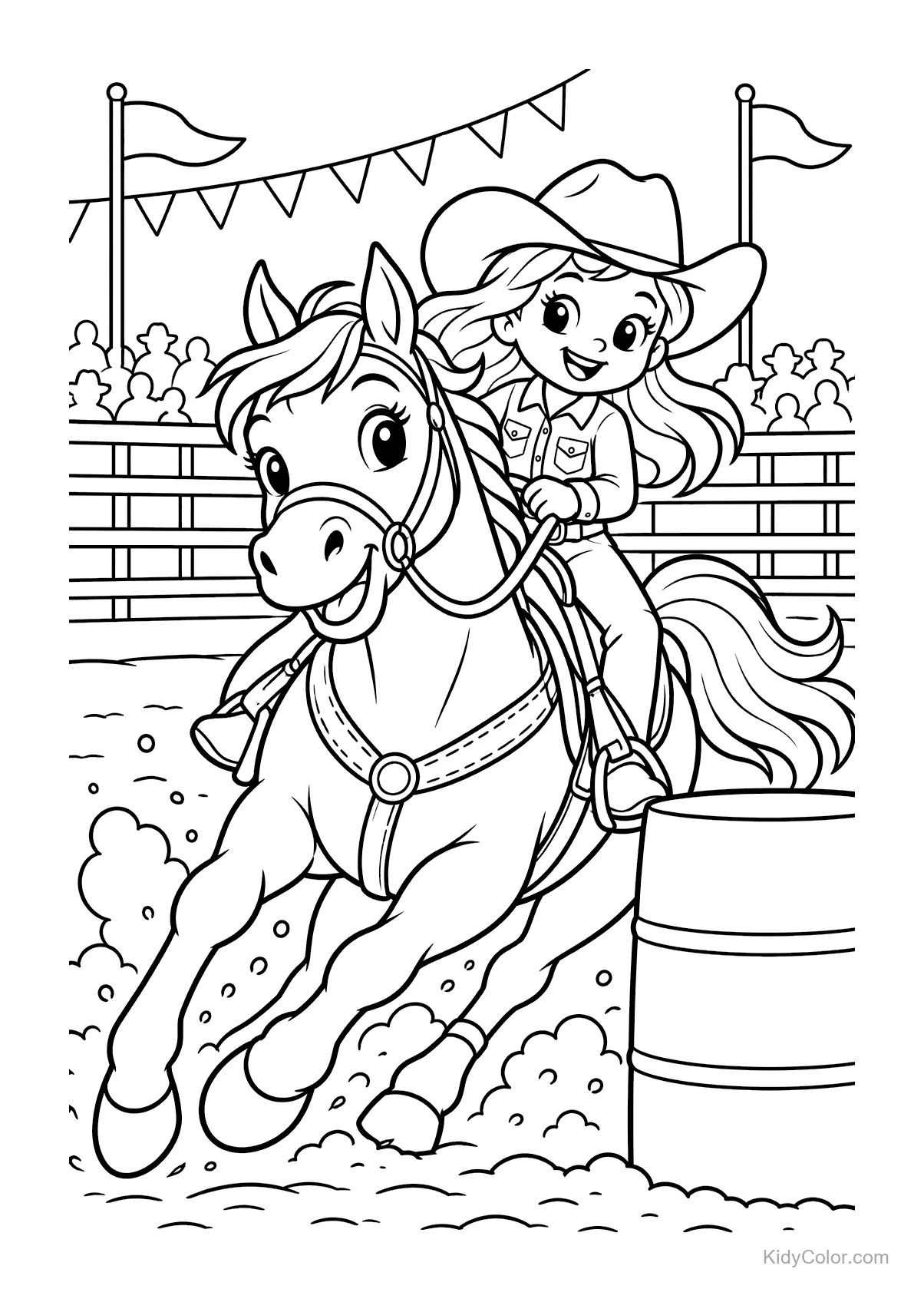 Cowgirl op een rodeopaard galopperend rond een ton.