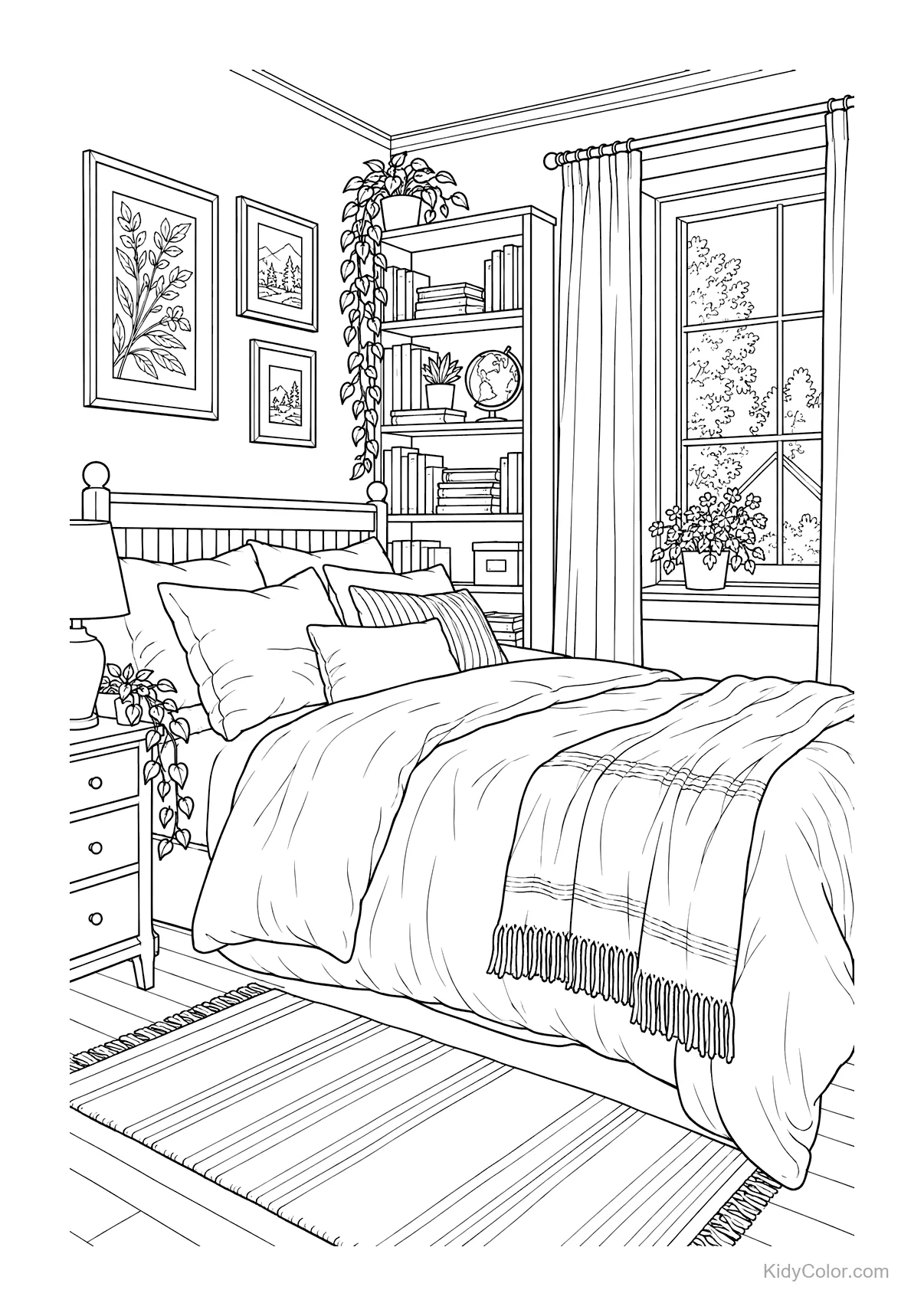 Cozy bedroom with a bed, bookshelves, and plants by the window.