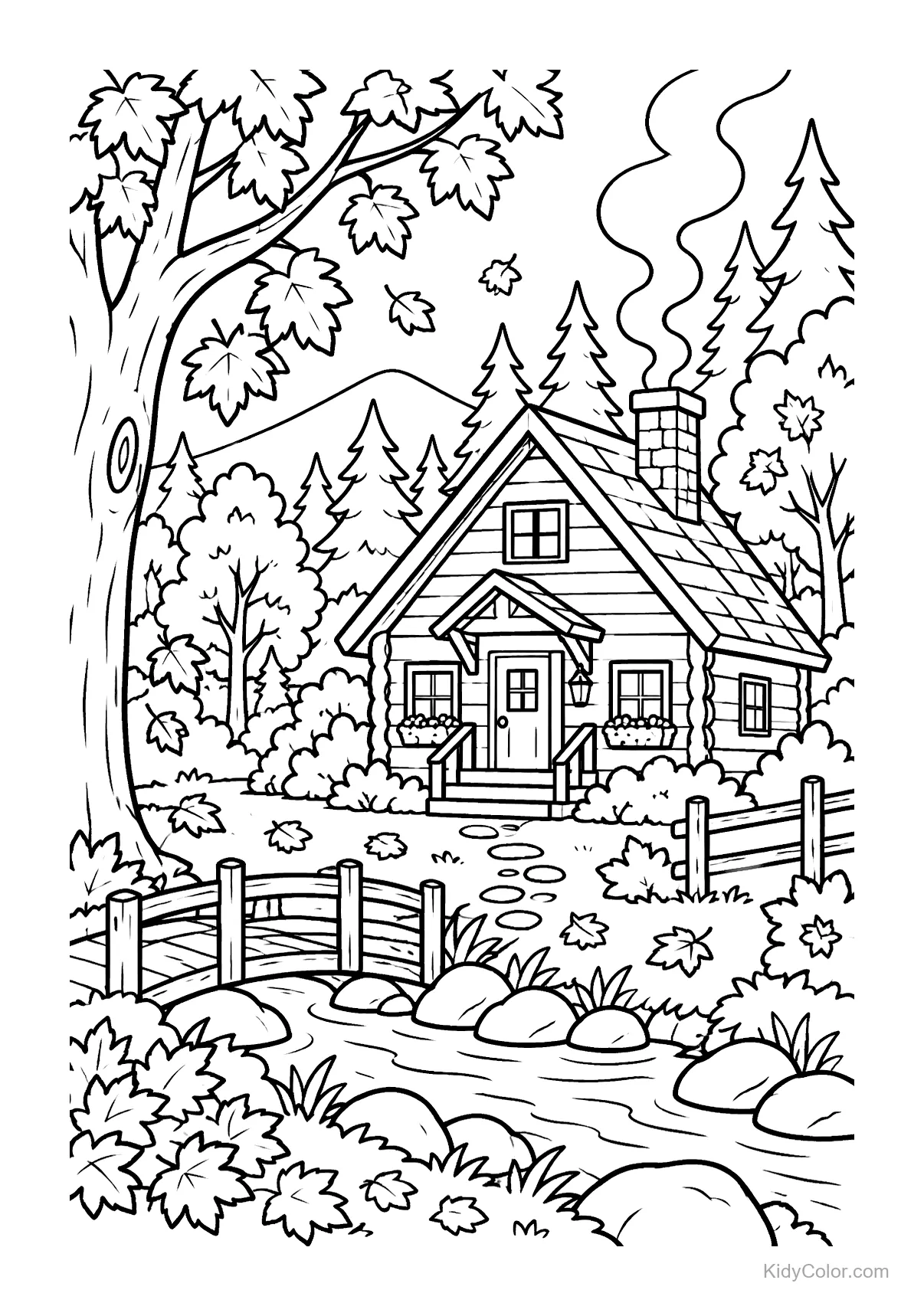 Cabin by a creek surrounded by autumn trees and a wooden bridge.