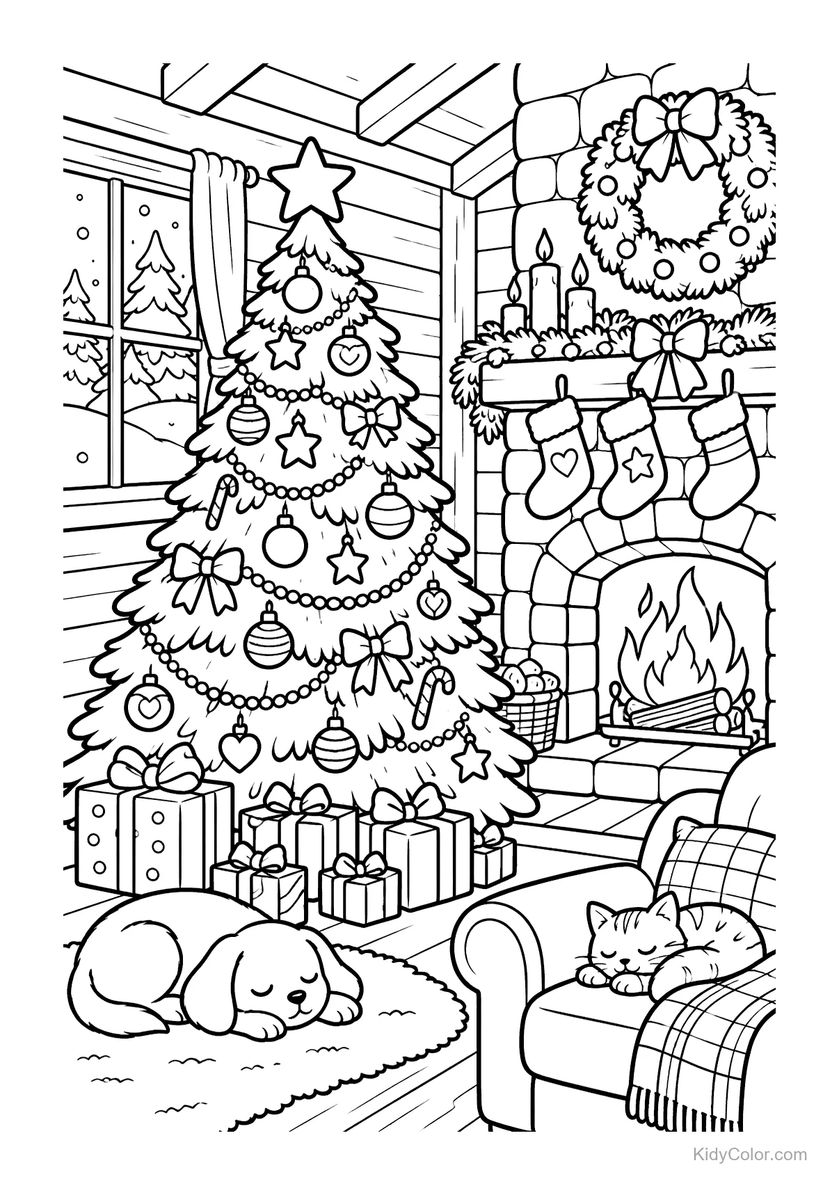 Cozy cabin with a decorated Christmas tree, gifts, a sleeping dog and cat by a fireplace.