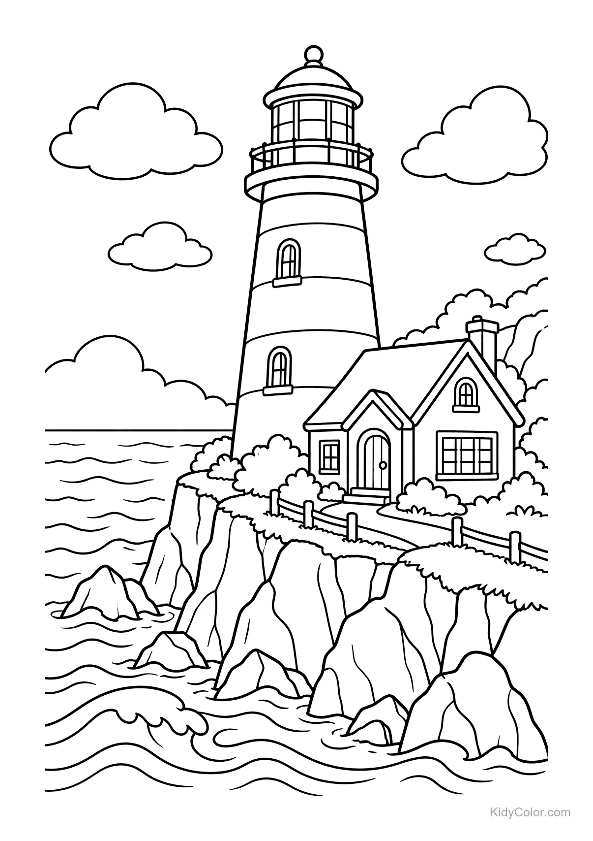 Faro con casetta su una scogliera vicino al mare.