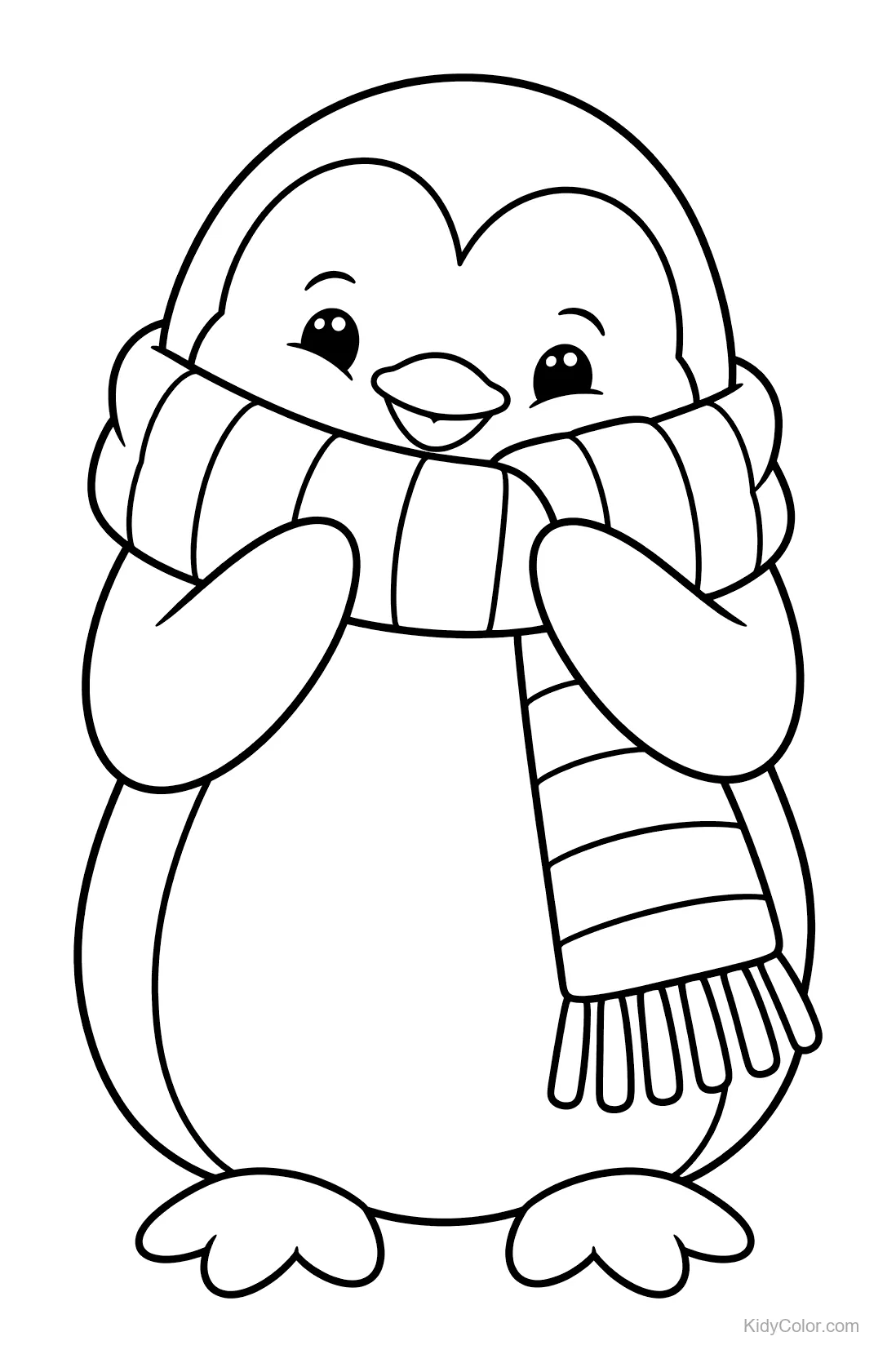 Pinguino con espressione allegra e sciarpa a righe.