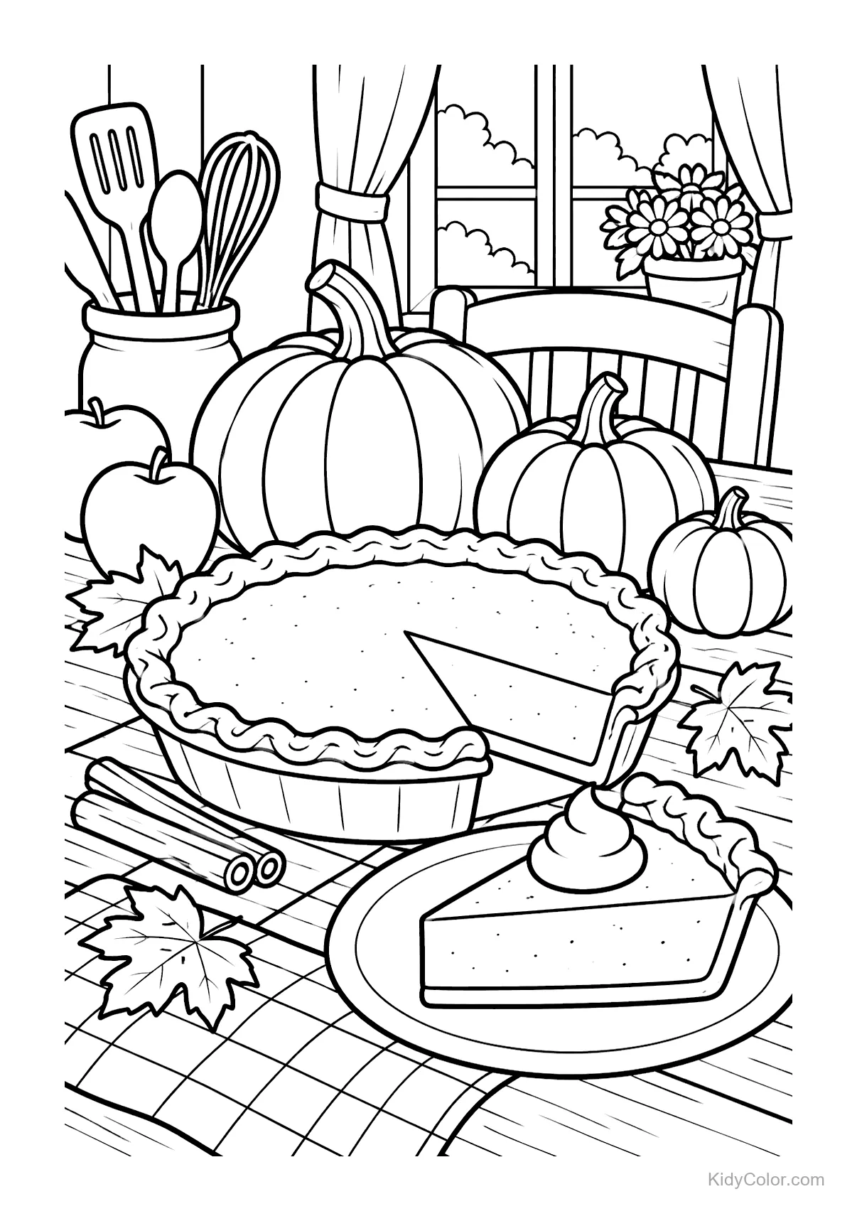 A kitchen scene with a pumpkin pie, pumpkins, and kitchen utensils.