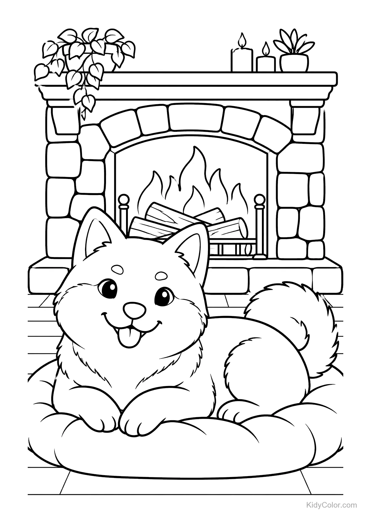 Shiba inu op een kussen bij een open haard met kaarsen en planten.