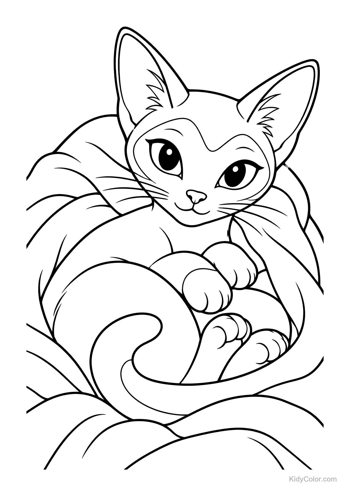 A Siamese cat resting on a cushion, line-art drawing.