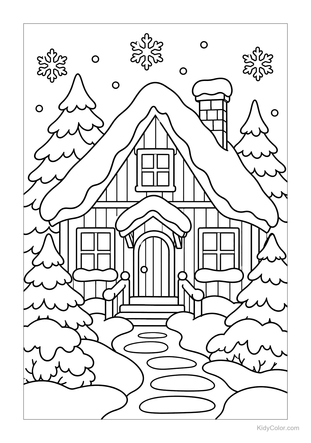 Casa scandinava con tetto innevato, alberi e fiocchi di neve.