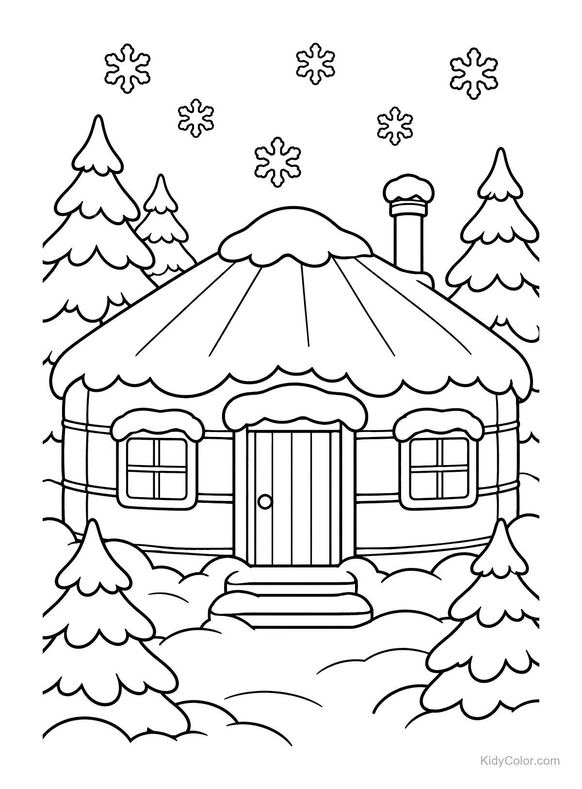 Yurta innevata con pini e fiocchi di neve.
