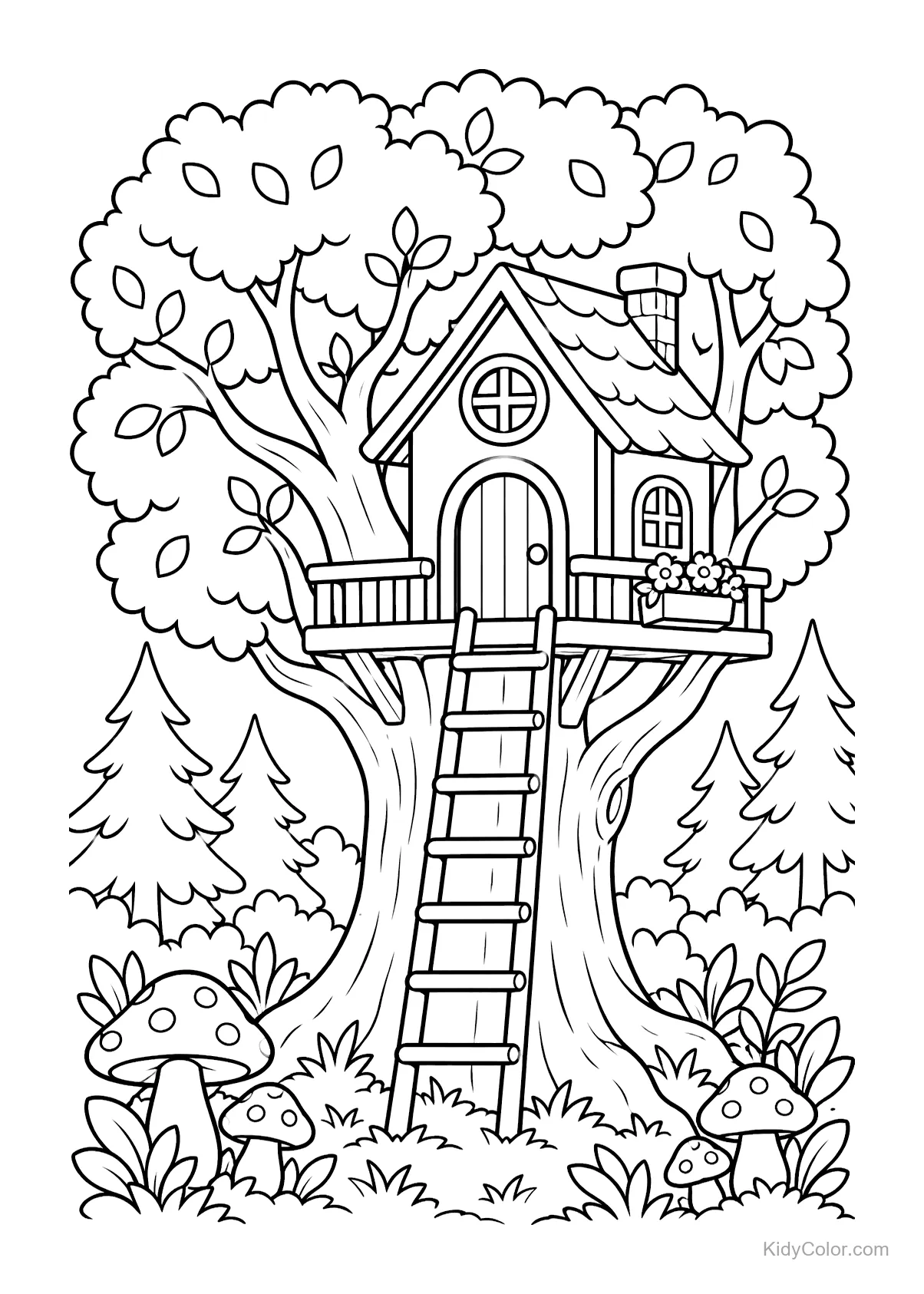 Casetta sull'albero costruita in un grande albero circondato da un bosco.