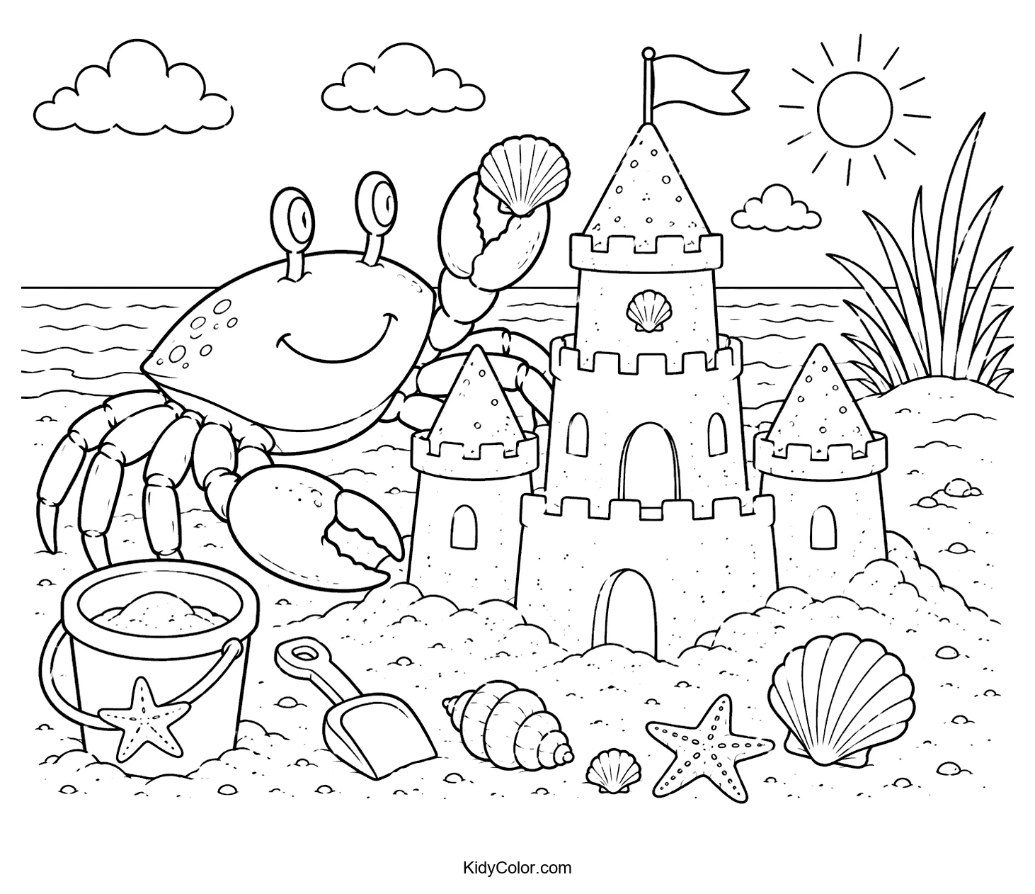 A cheerful crab builds a sandcastle on a beach with seashells and a bucket around.