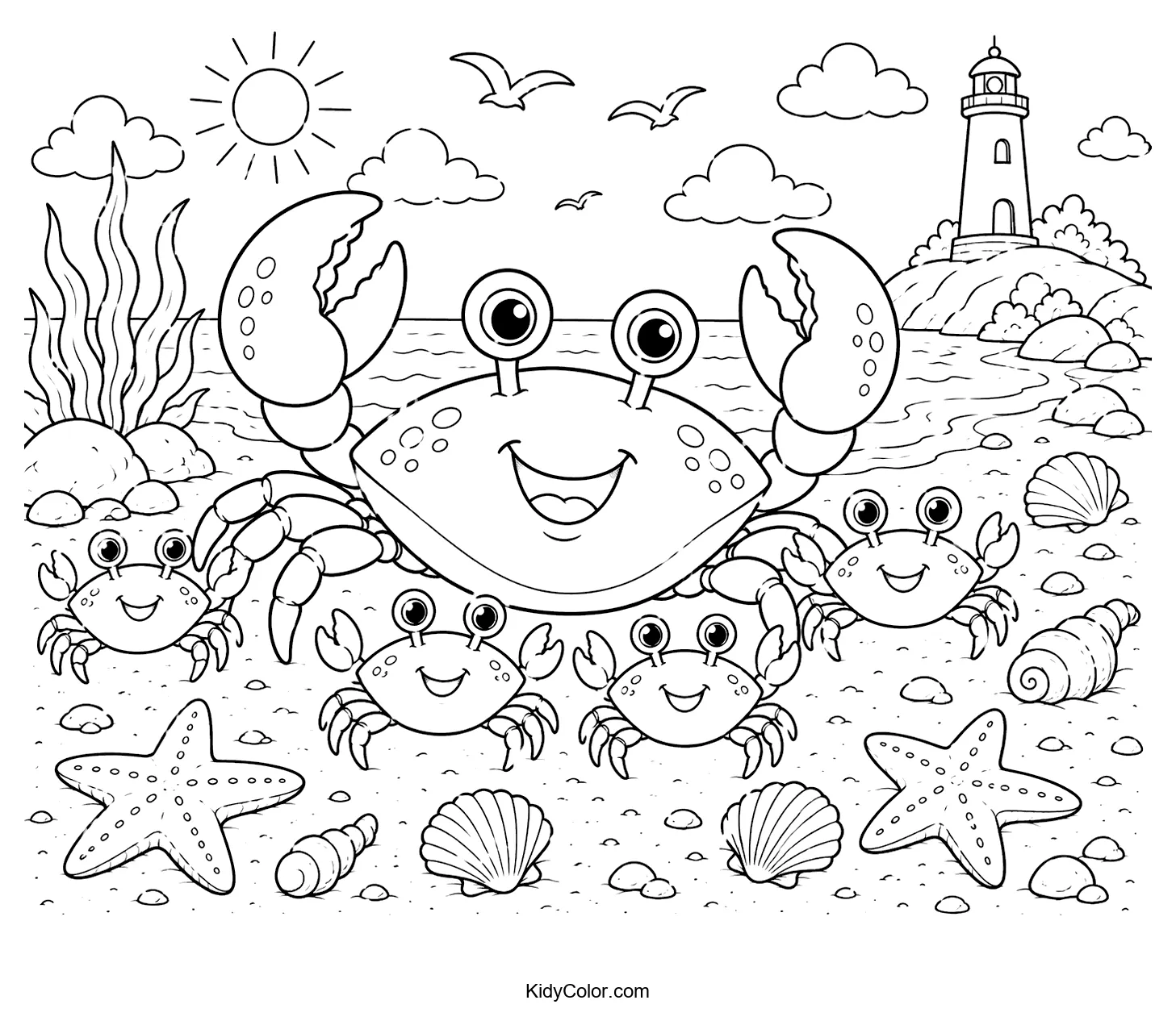 Crab family on a beach with seashells, starfish, and a lighthouse.