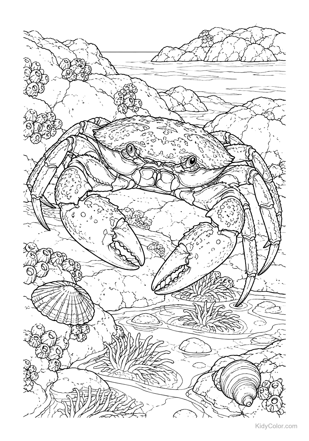 Detailed drawing of a crab in a tidepool with rocks and shells.