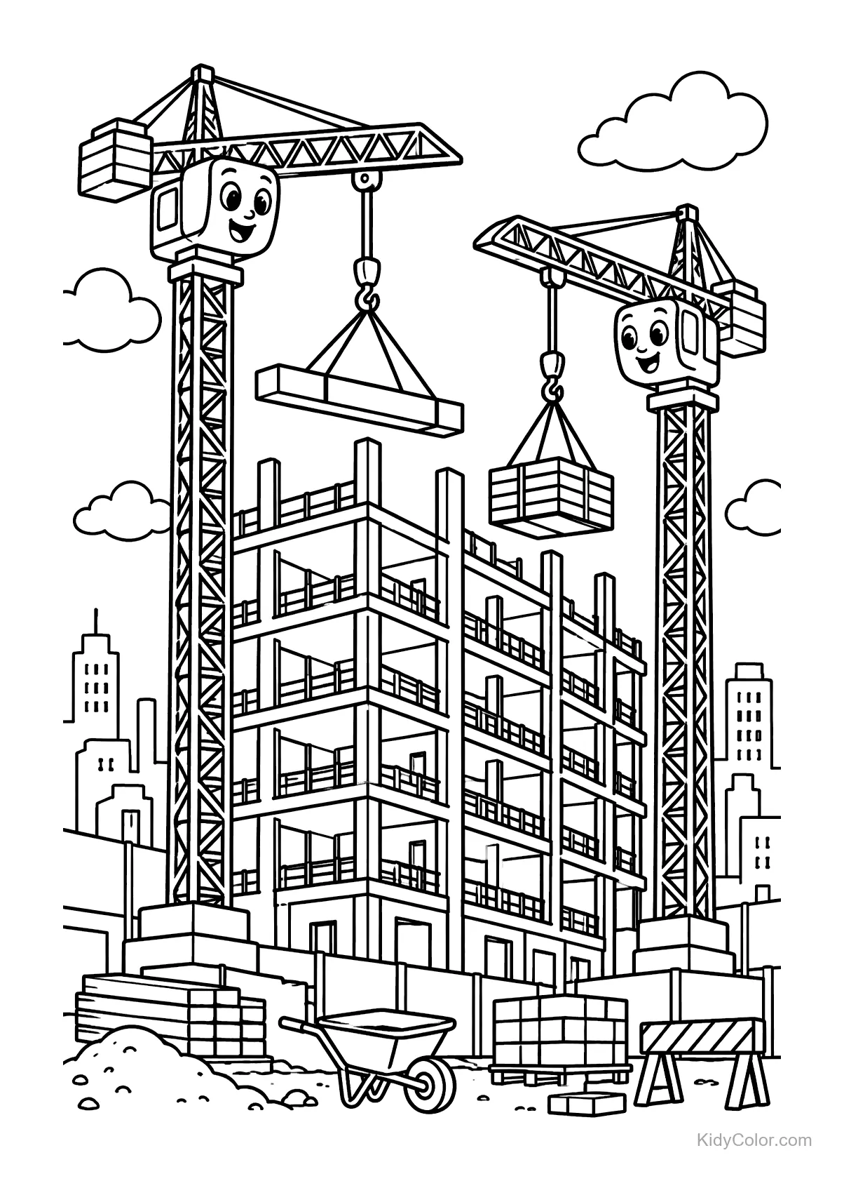 Two smiling cranes at a construction site lifting blocks to build a building.