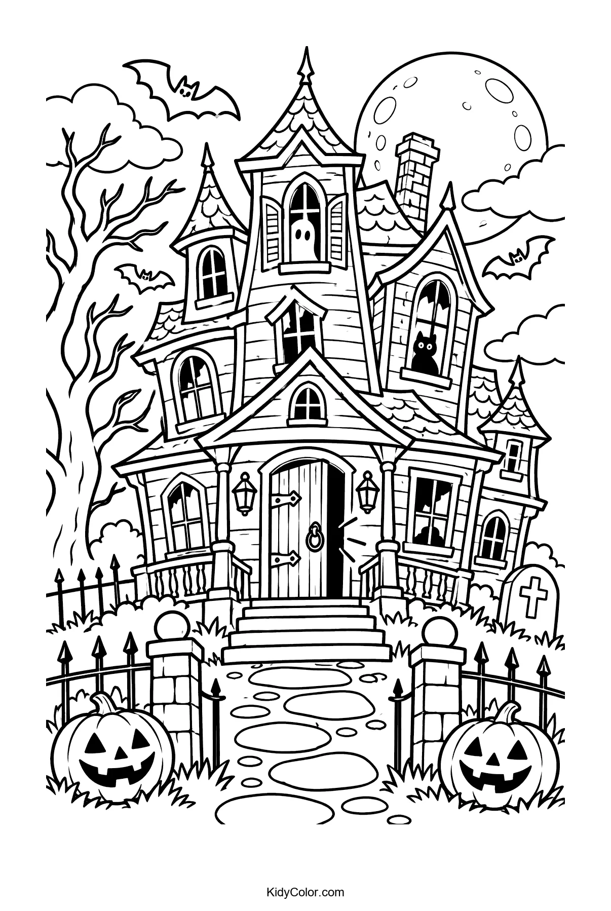 Crooked haunted house with bats, pumpkins, and a full moon.