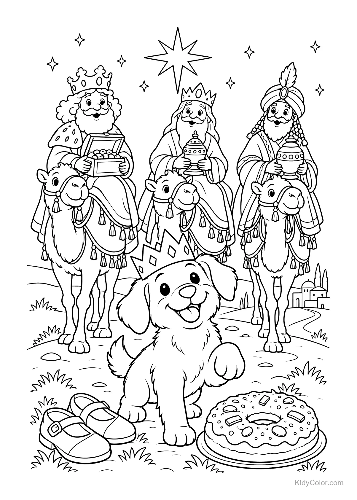 Hond met kroon voor drie koningen op kamelen met geschenken.