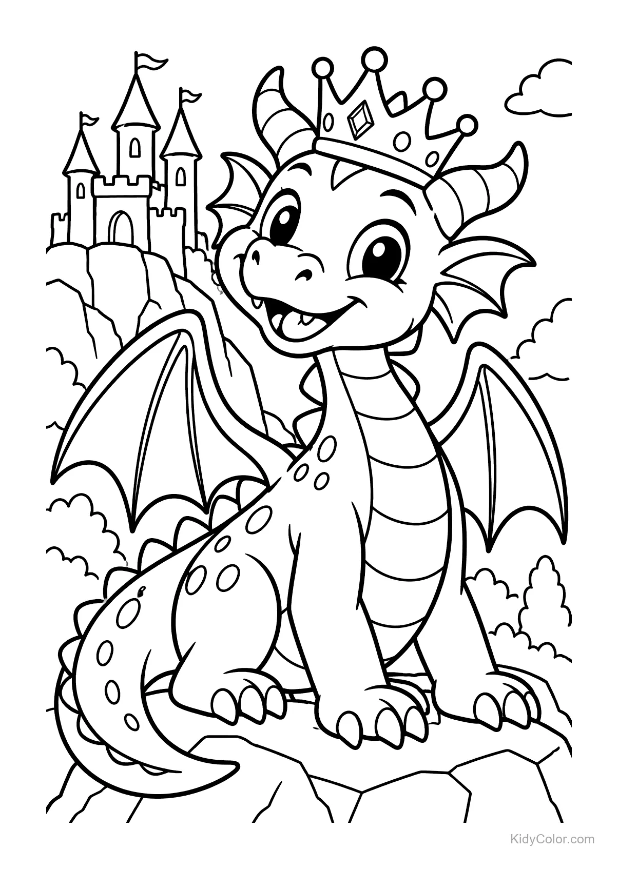 Ein gekrönter Drache sitzt auf einer Mauer mit einer Burg im Hintergrund.