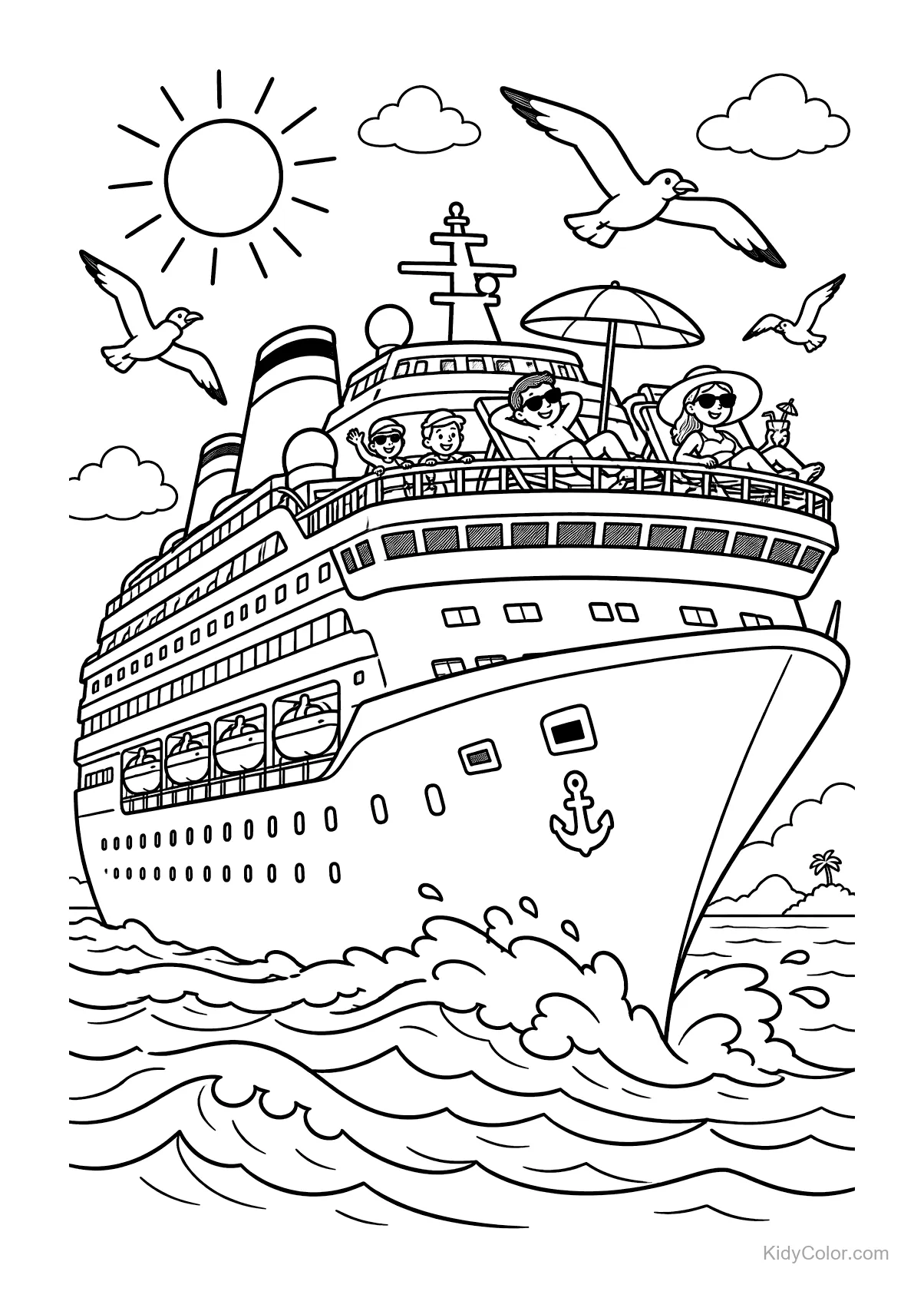 Cruise ship on the ocean with people and seagulls under the sun.