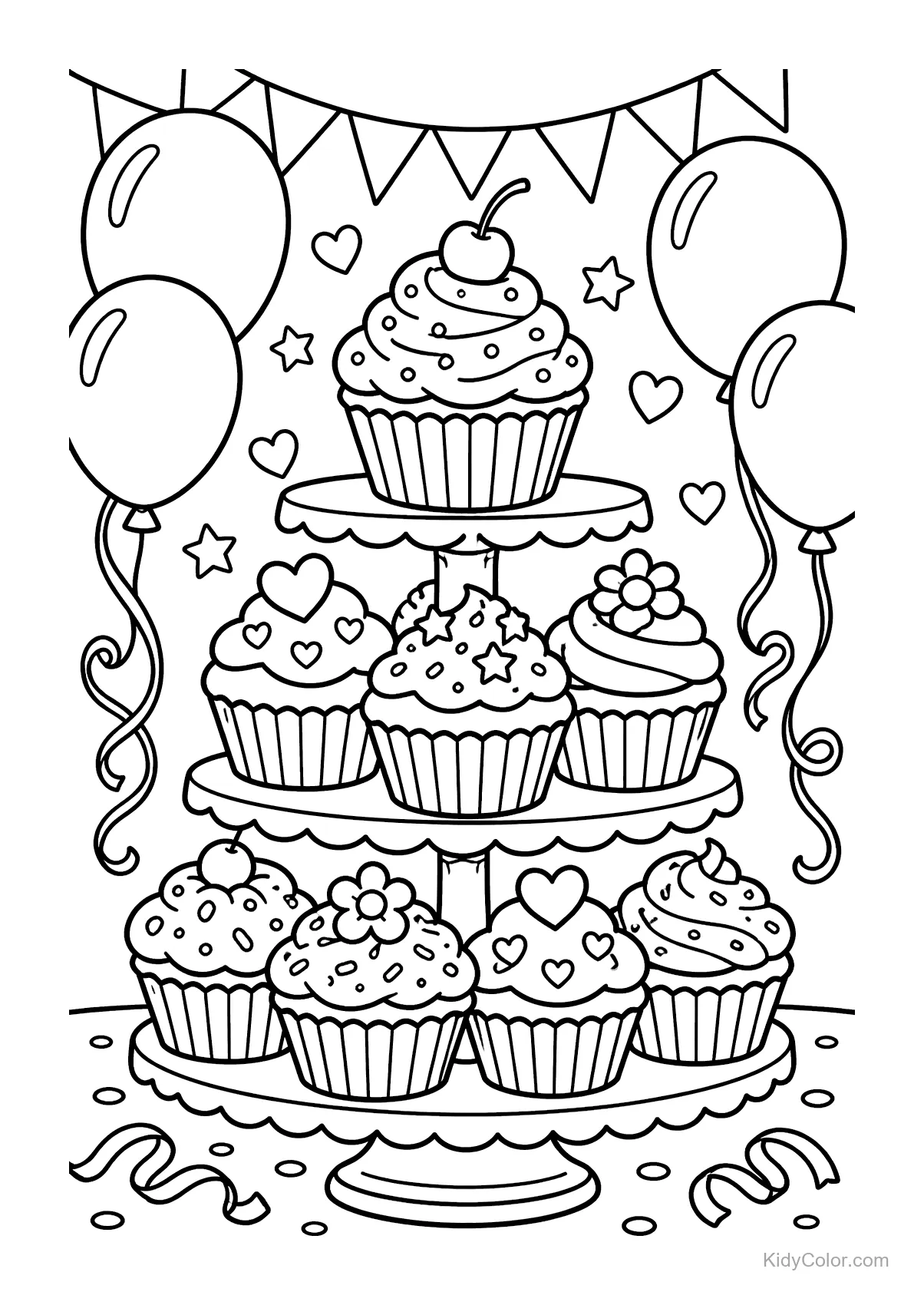 Cupcake tower with balloons and festive decorations.