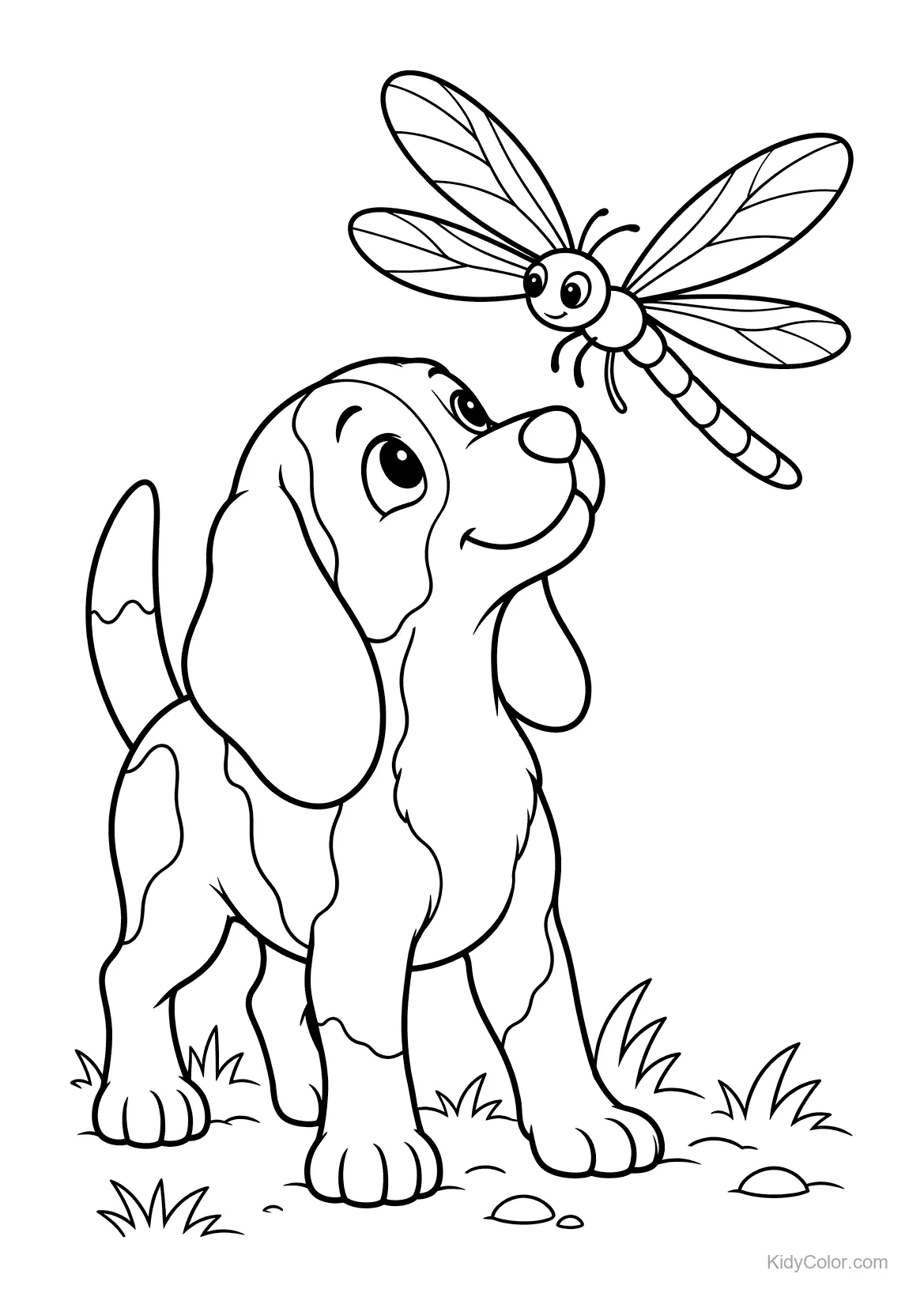 A beagle looks curiously at a dragonfly flying above.