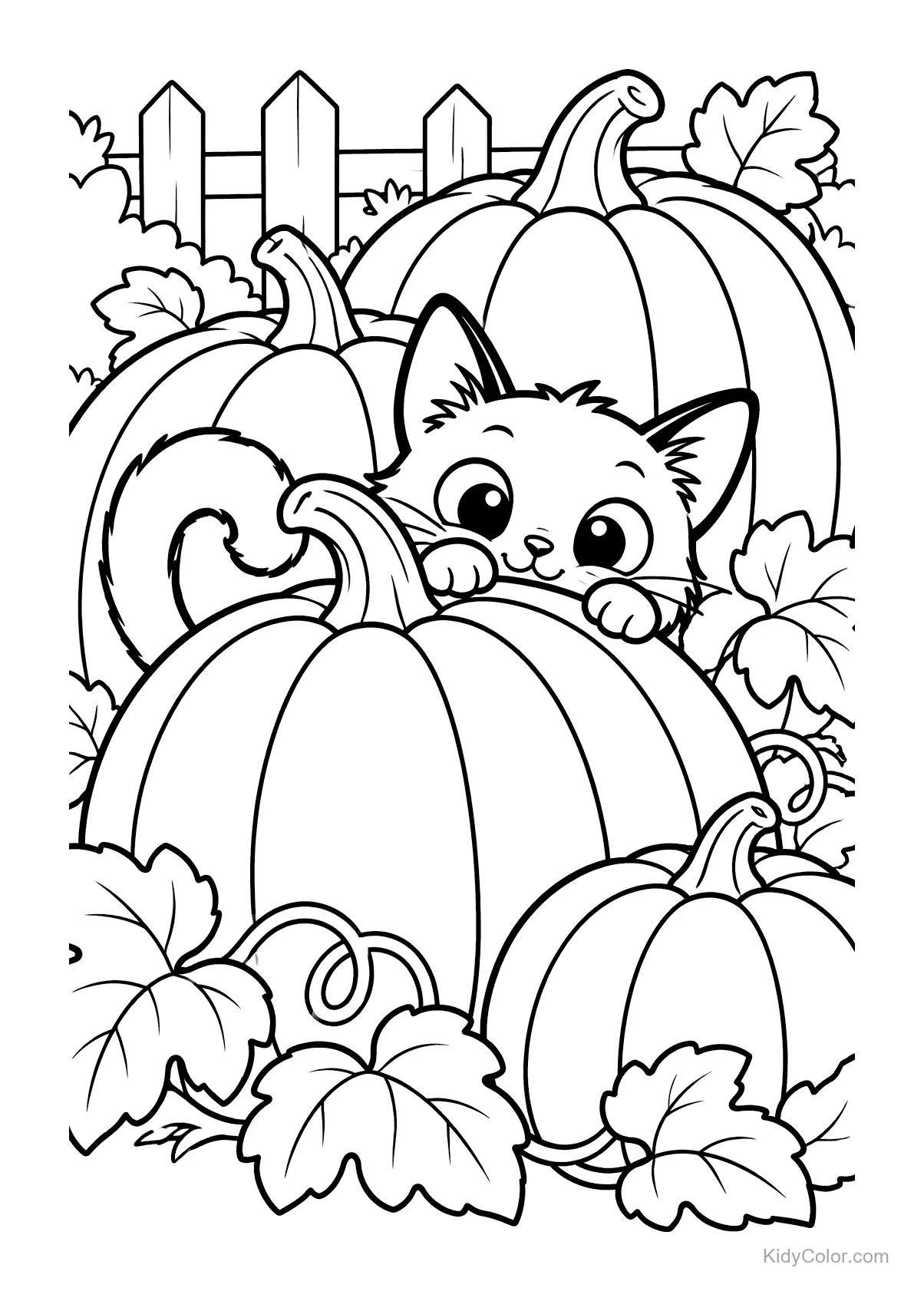 Un gato asomándose detrás de calabazas en un campo.