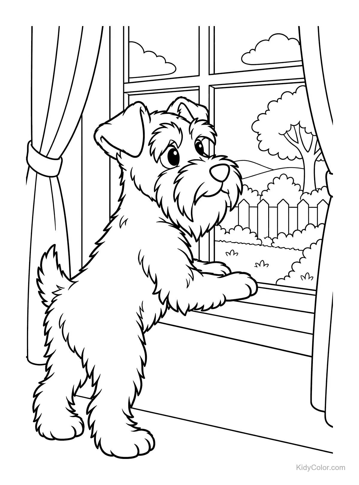 Ein Zwergschnauzer schaut aus dem Fenster in einen Garten.